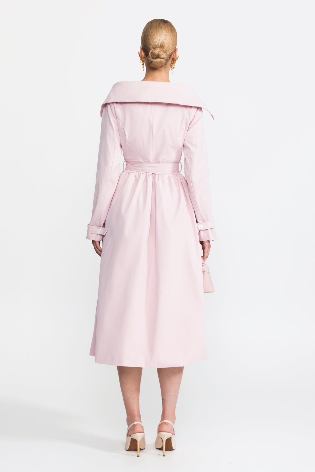 Ariane Pink Off-Shoulder Collar Belted Trench Dress