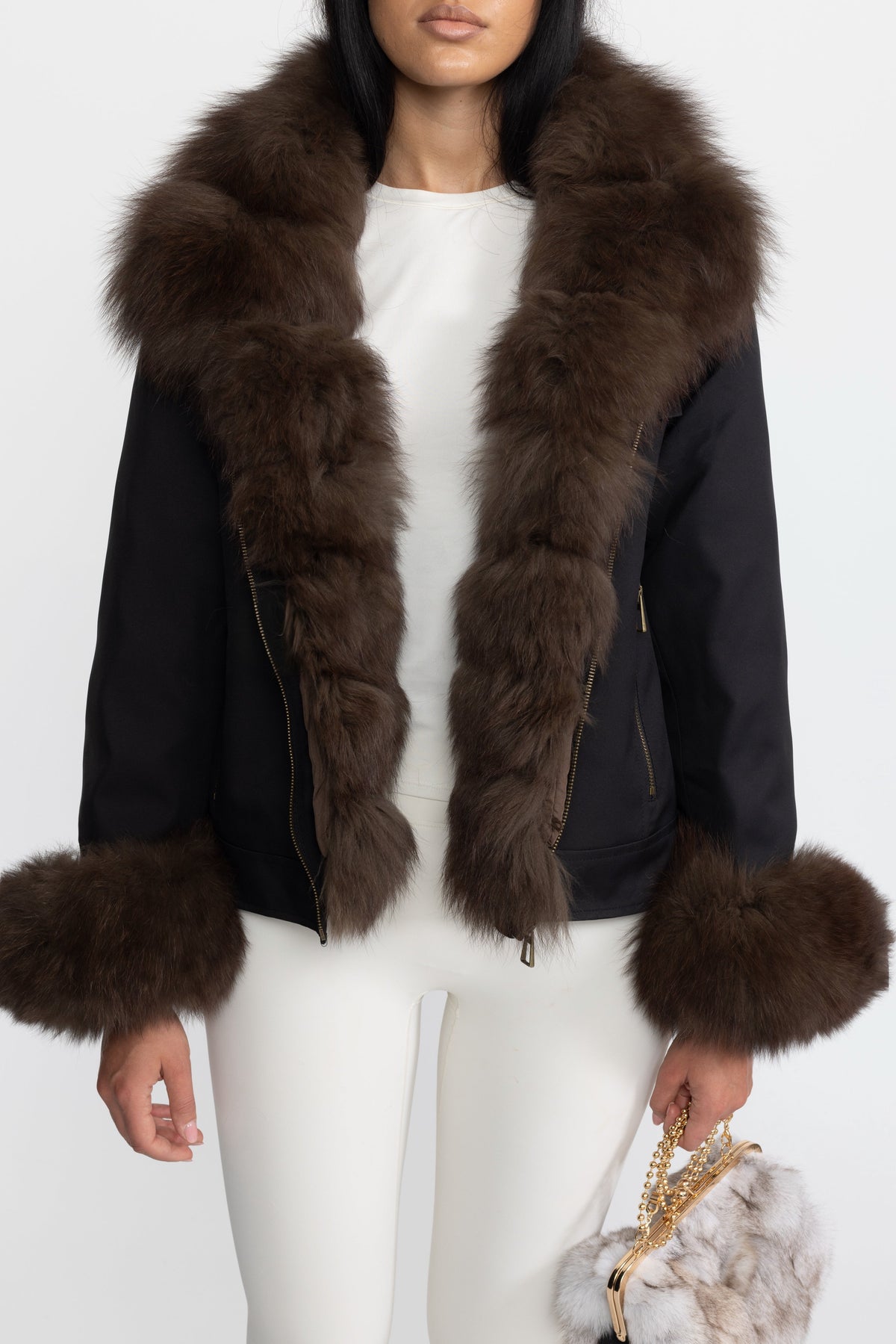 Angèle Black Fox Fur Collar and Cuff Down Utility Jacket