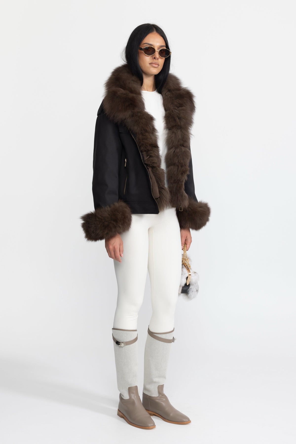 Angèle Black Fox Fur Collar and Cuff Down Utility Jacket