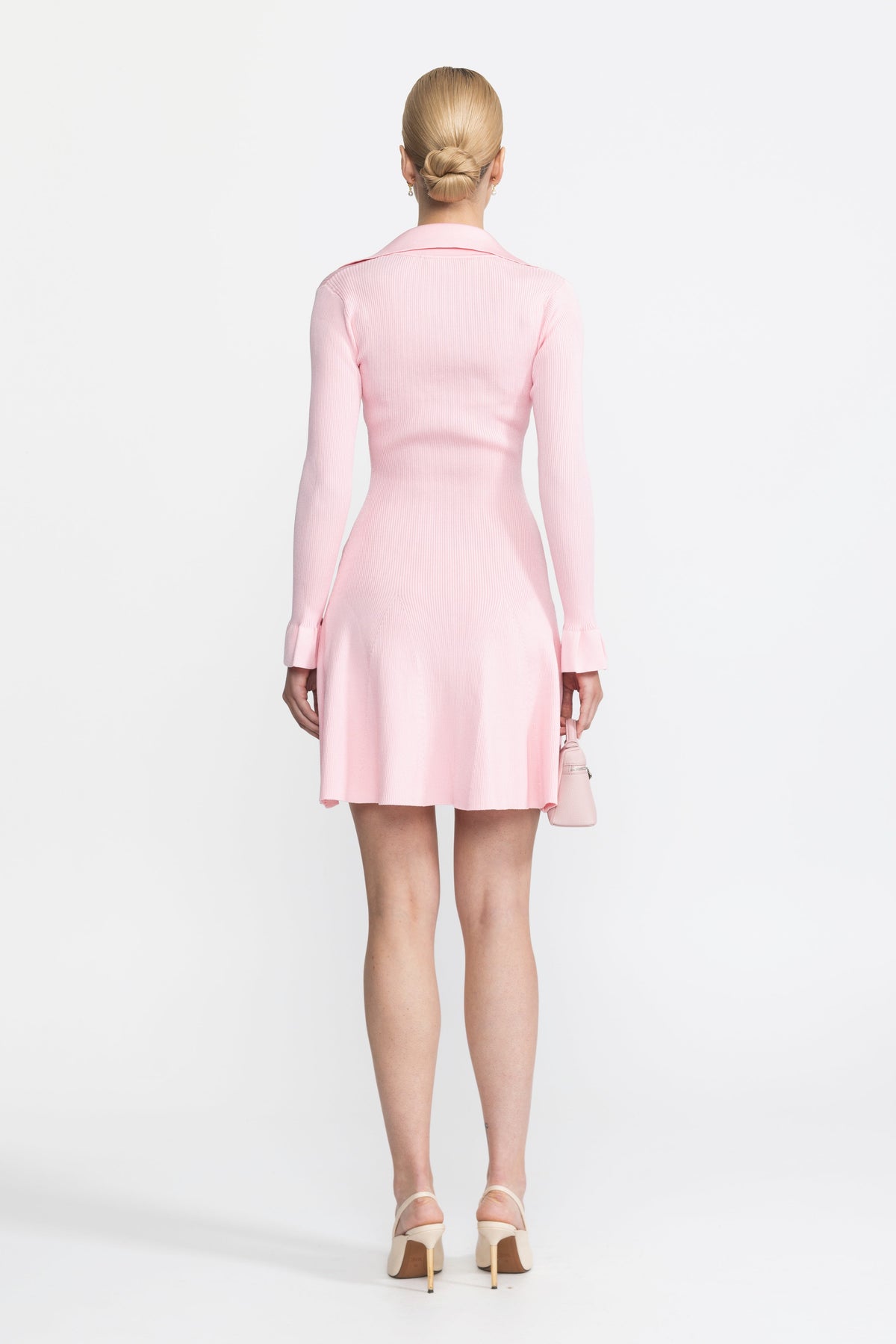 Alix Pink Tie Collar Rib Knit Mini Dress with Pearl Buttons