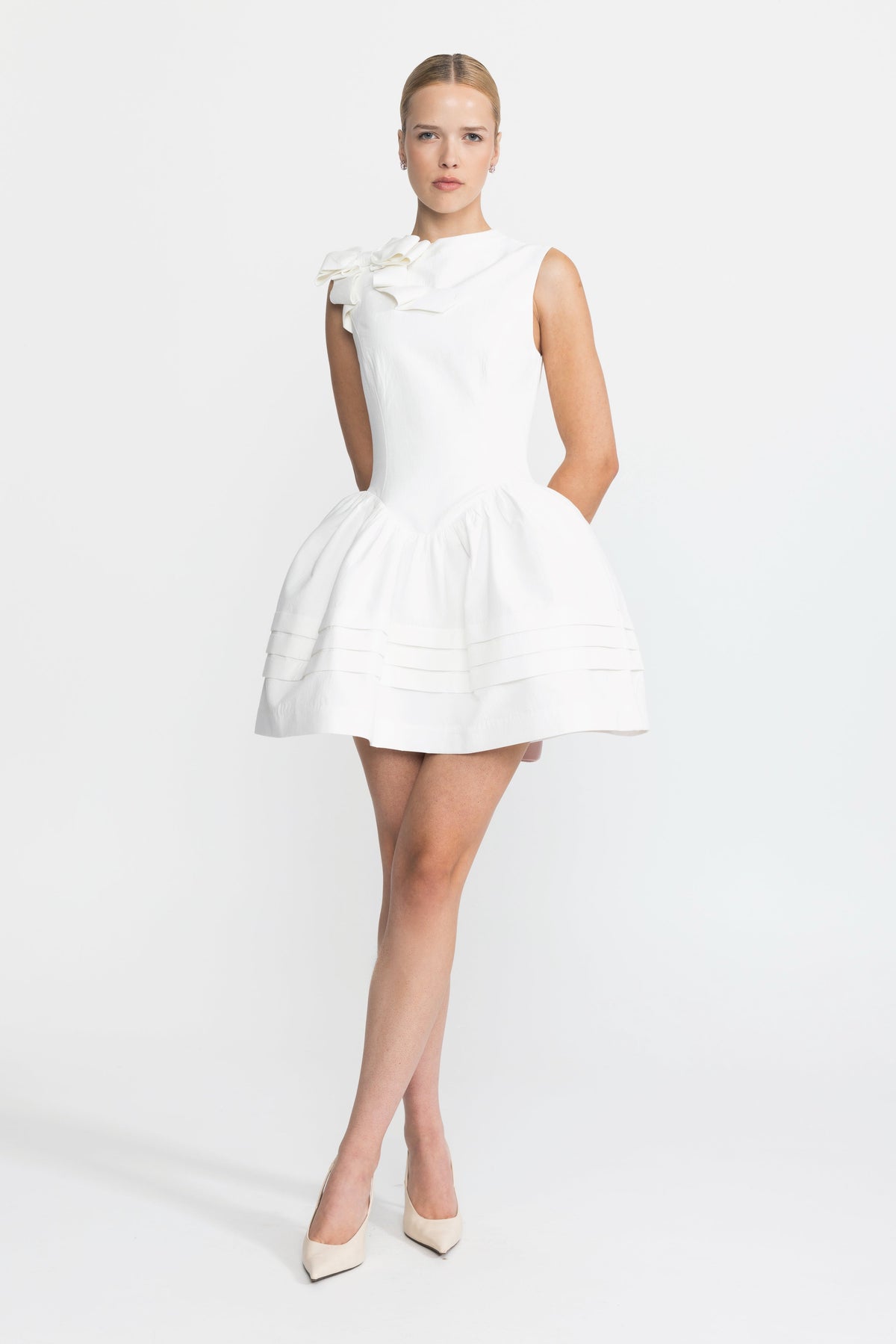 Esmée White Sculpted Bow Drop Waist Cotton Mini Dress