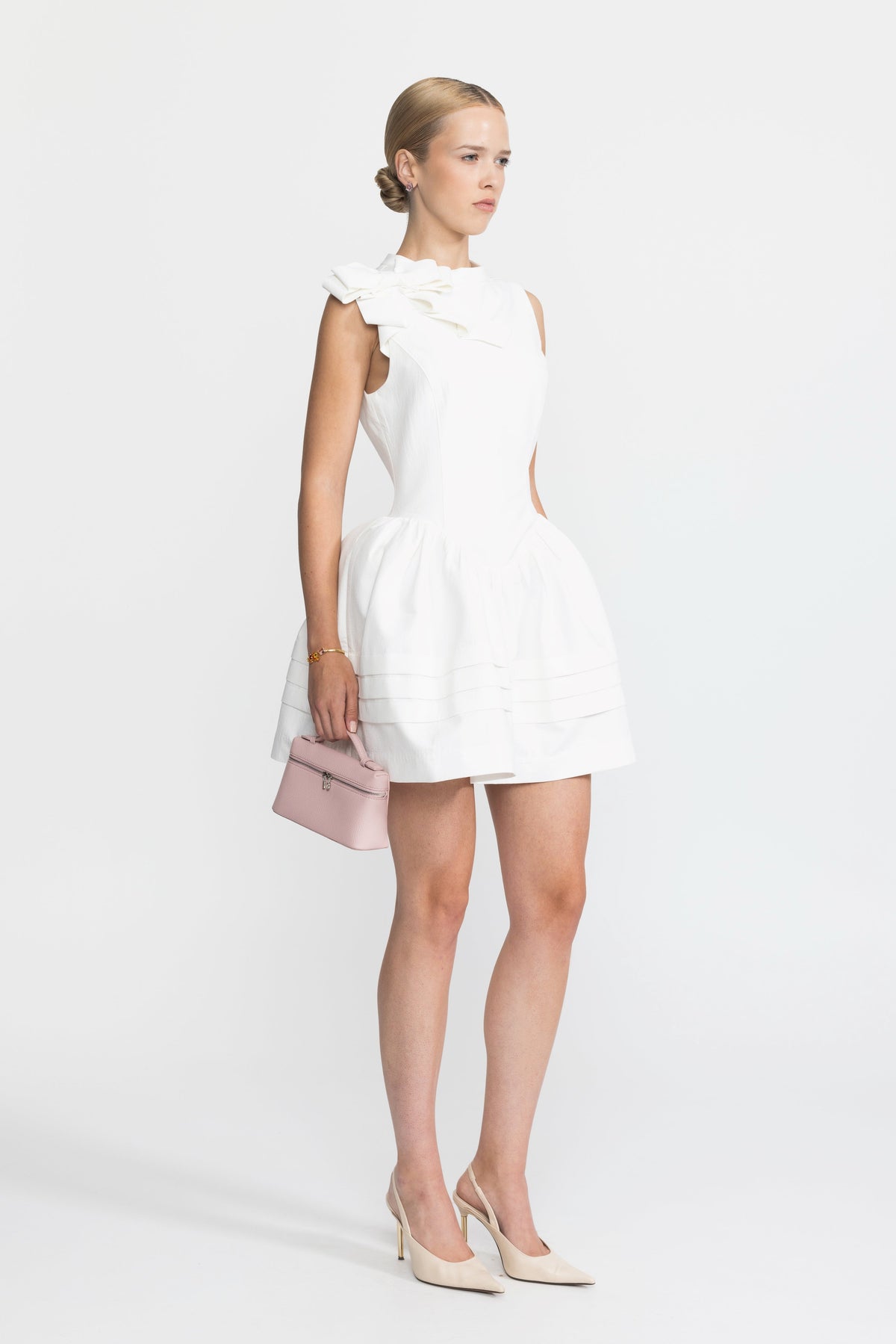 Esmée White Sculpted Bow Drop Waist Cotton Mini Dress