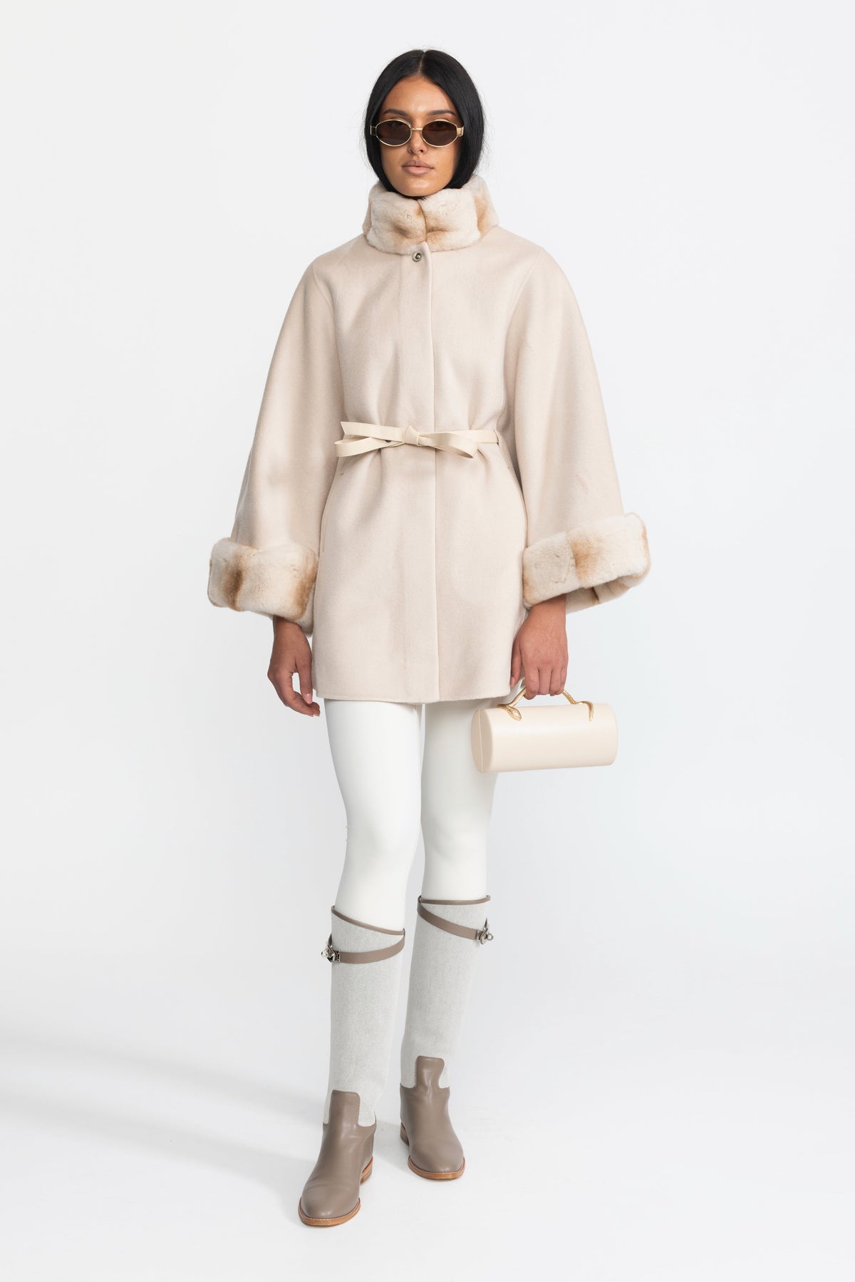 Marthe Ivoire Belted Wool&Cashmere Cape Coat with Chinchilla Rex Fur Collar and Cuffs