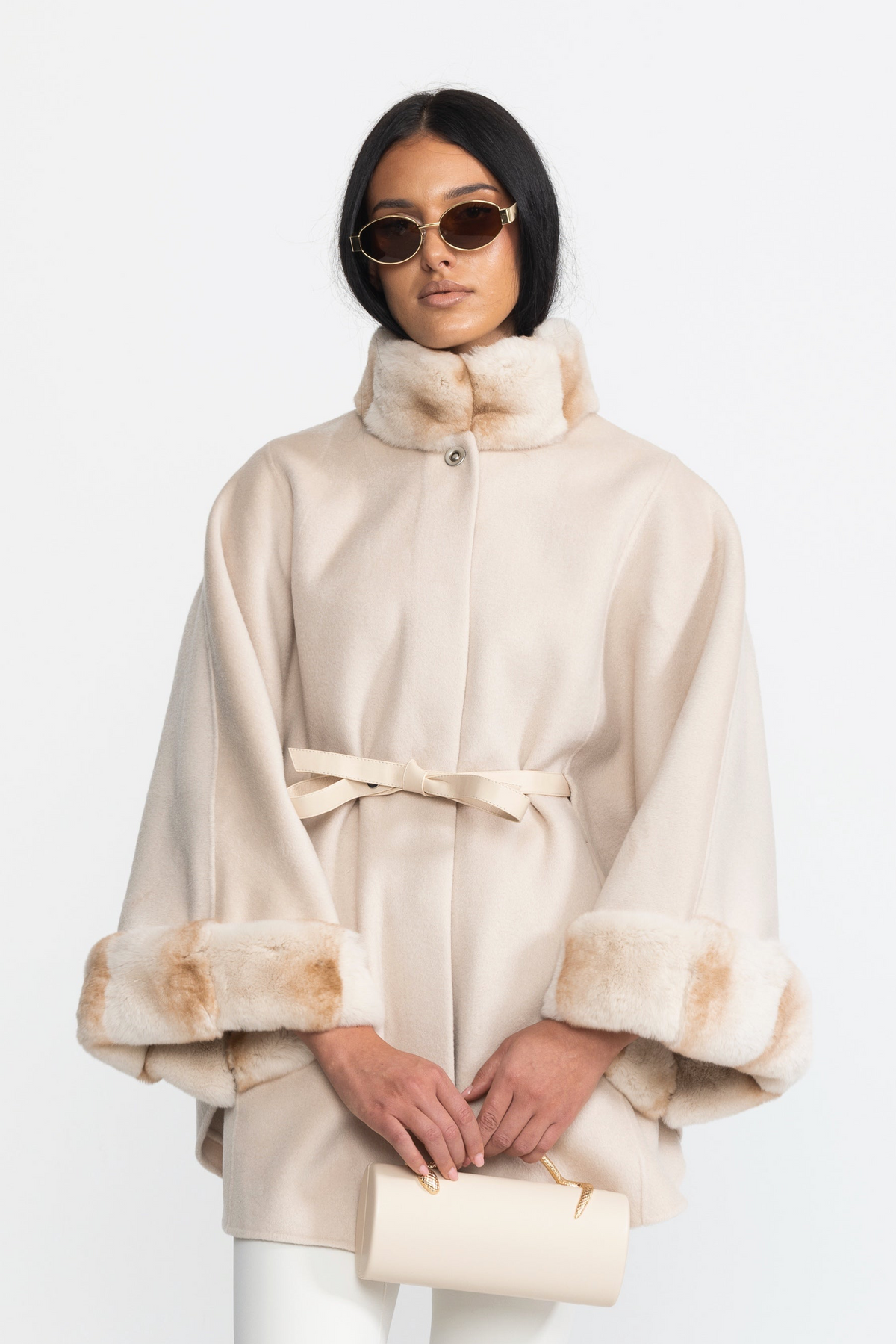 Marthe Ivoire Belted Wool&Cashmere Cape Coat with Chinchilla Rex Fur Collar and Cuffs