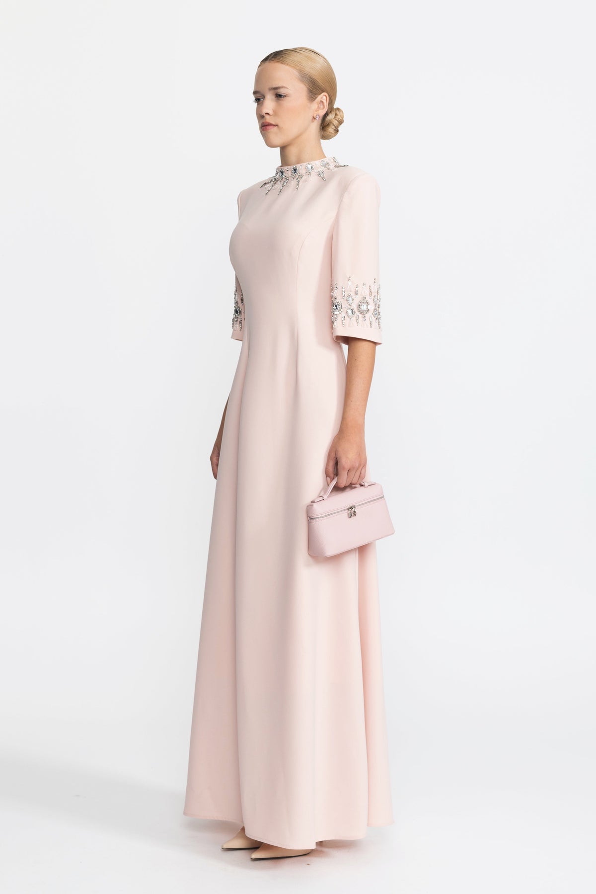 Félicie Pink Crystal Embellished Collar and Cuff Maxi Dress
