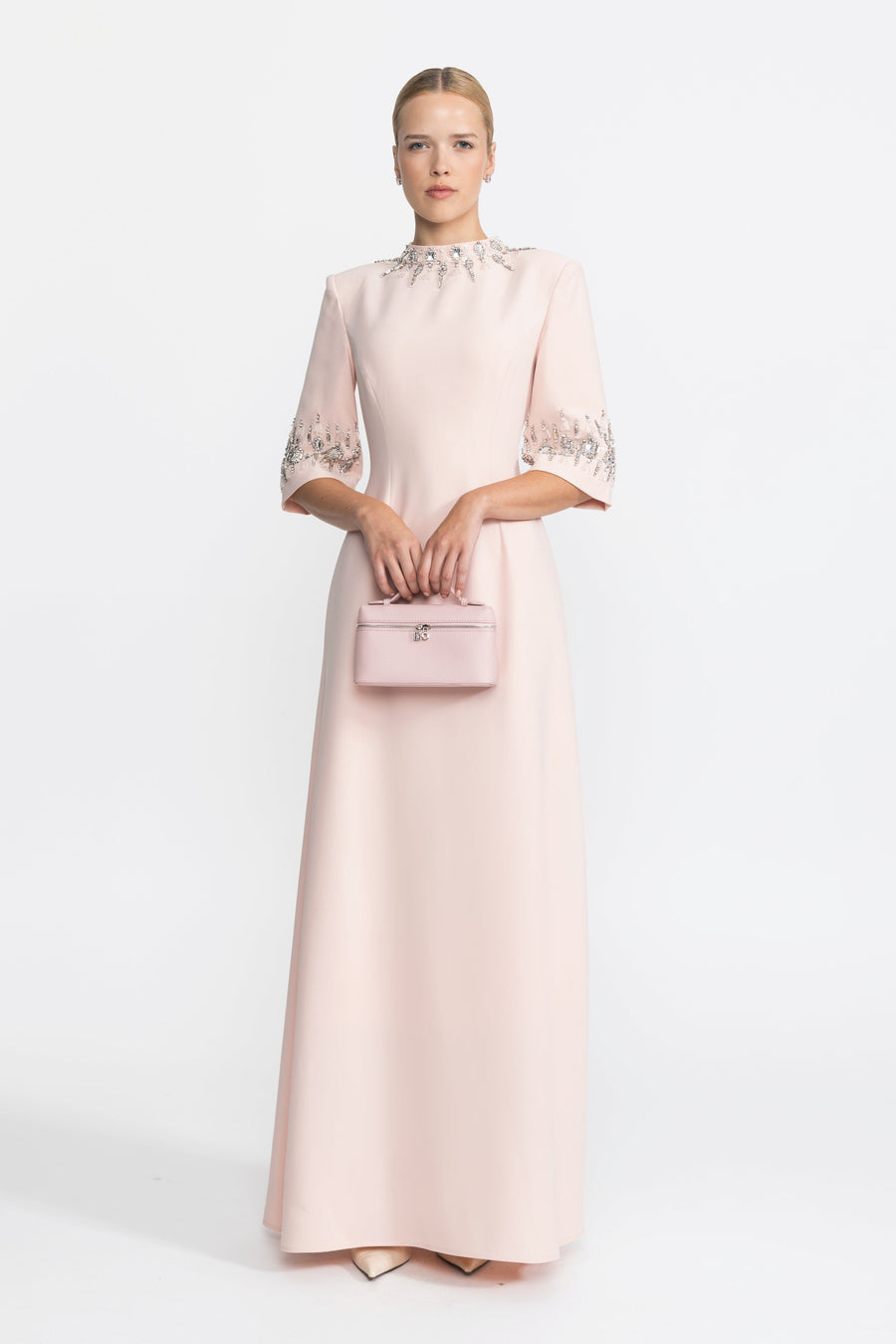 Félicie Pink Crystal Embellished Collar and Cuff Maxi Dress