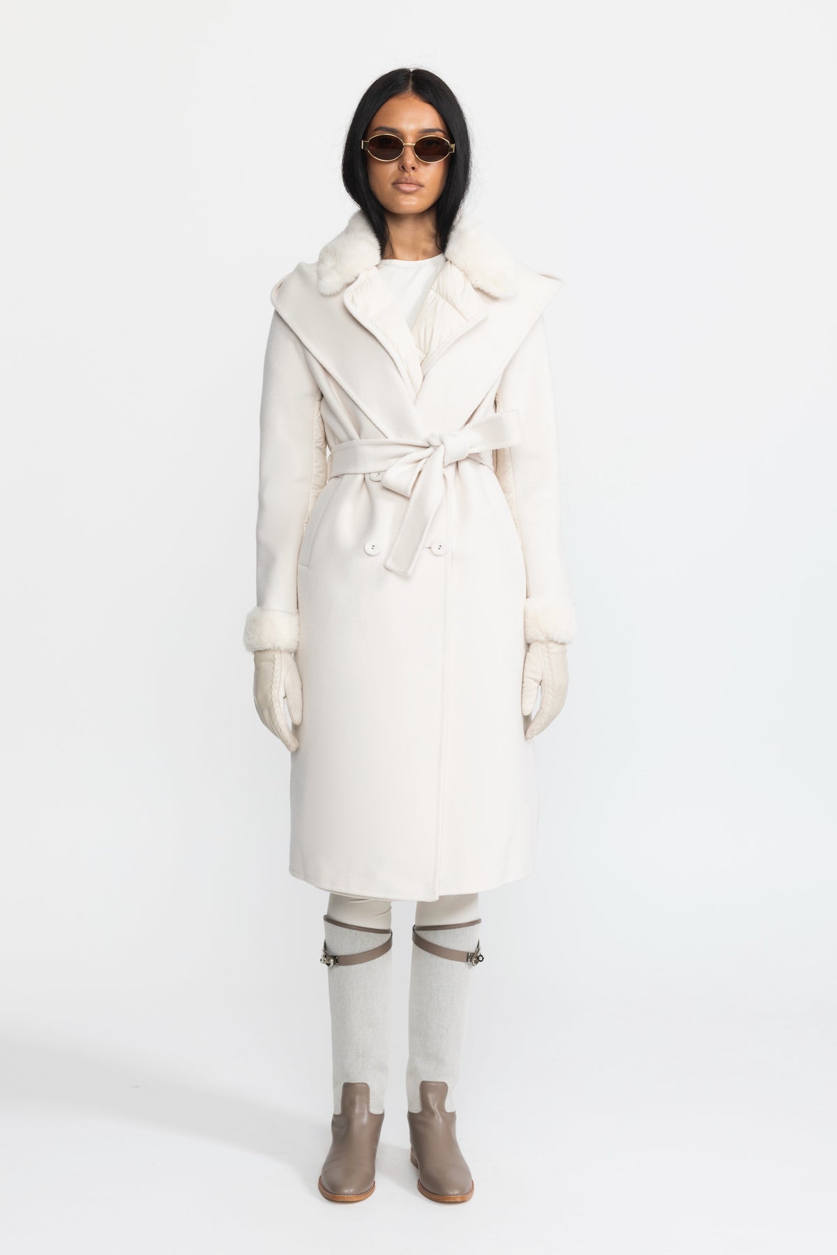 Bathilde Ivoire Quilted Back Hooded Wool Wrap Coat with Mink Fur