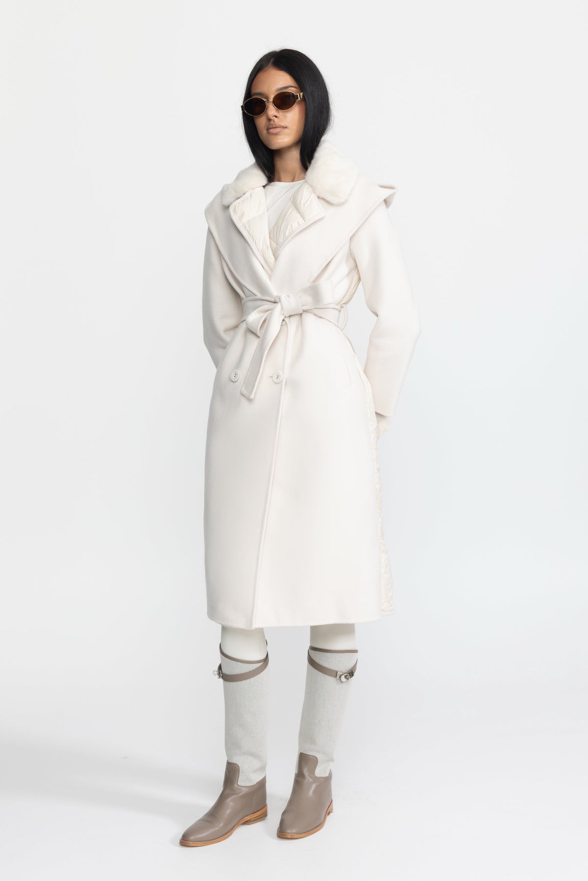 Bathilde Ivoire Quilted Back Hooded Wool Wrap Coat with Mink Fur