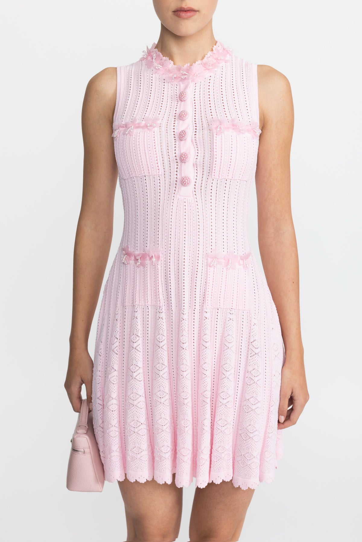 Flavie Pink Organza Flower Trim Pointelle Knit Mini Dress