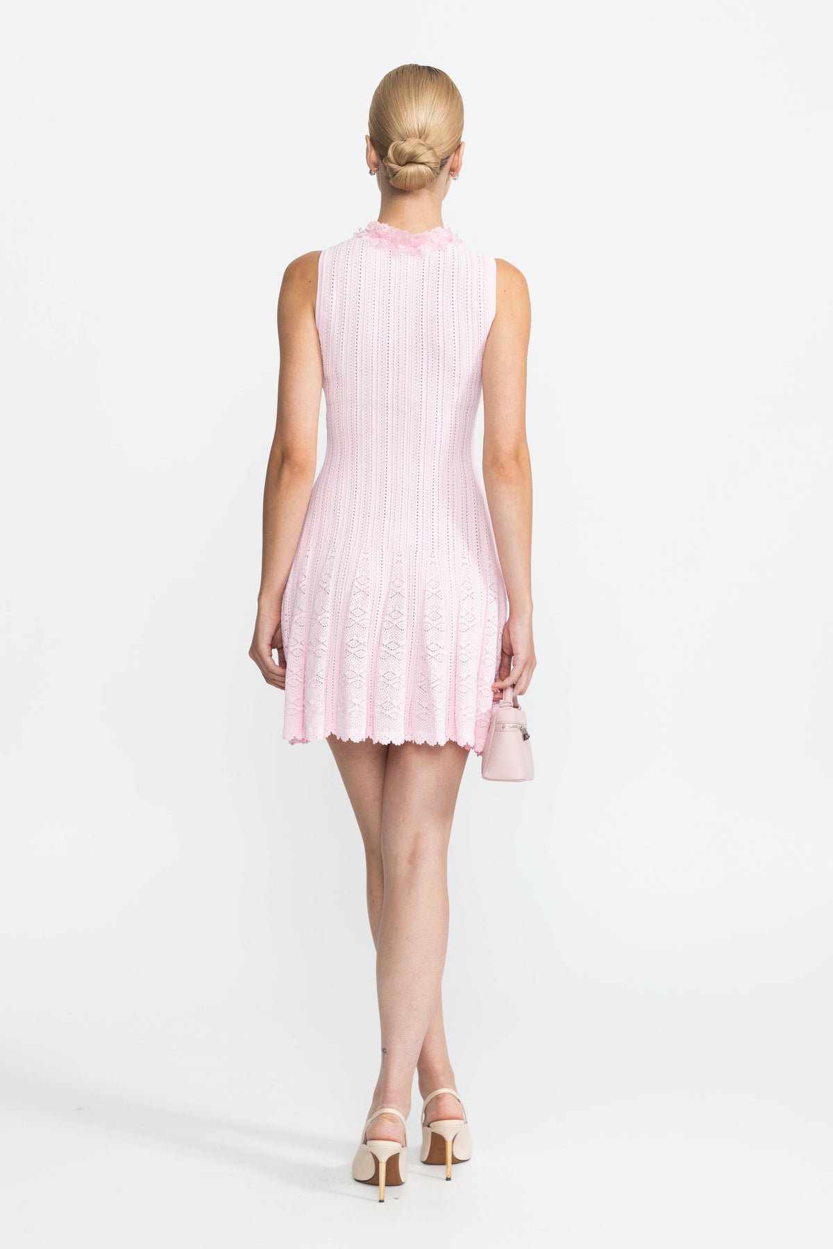 Flavie Pink Organza Flower Trim Pointelle Knit Mini Dress