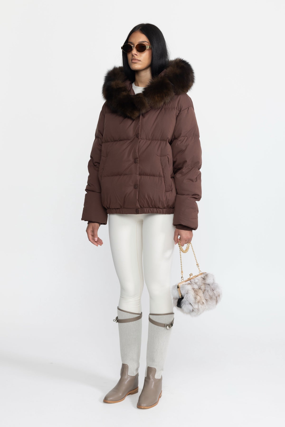 Eulalie Chocolate Fox Fur Hood Cropped Down Puffer Jacket