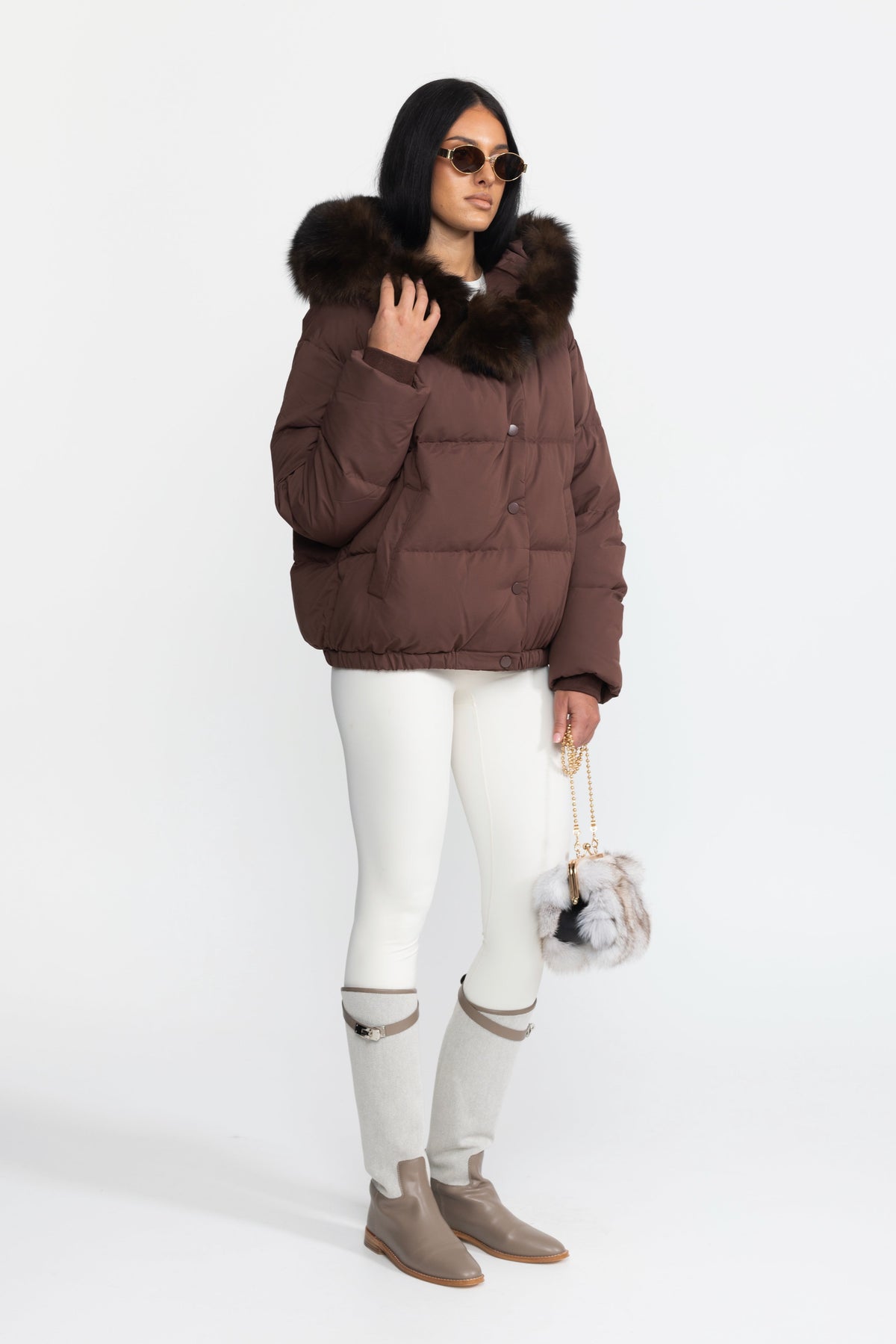 Eulalie Chocolate Fox Fur Hood Cropped Down Puffer Jacket