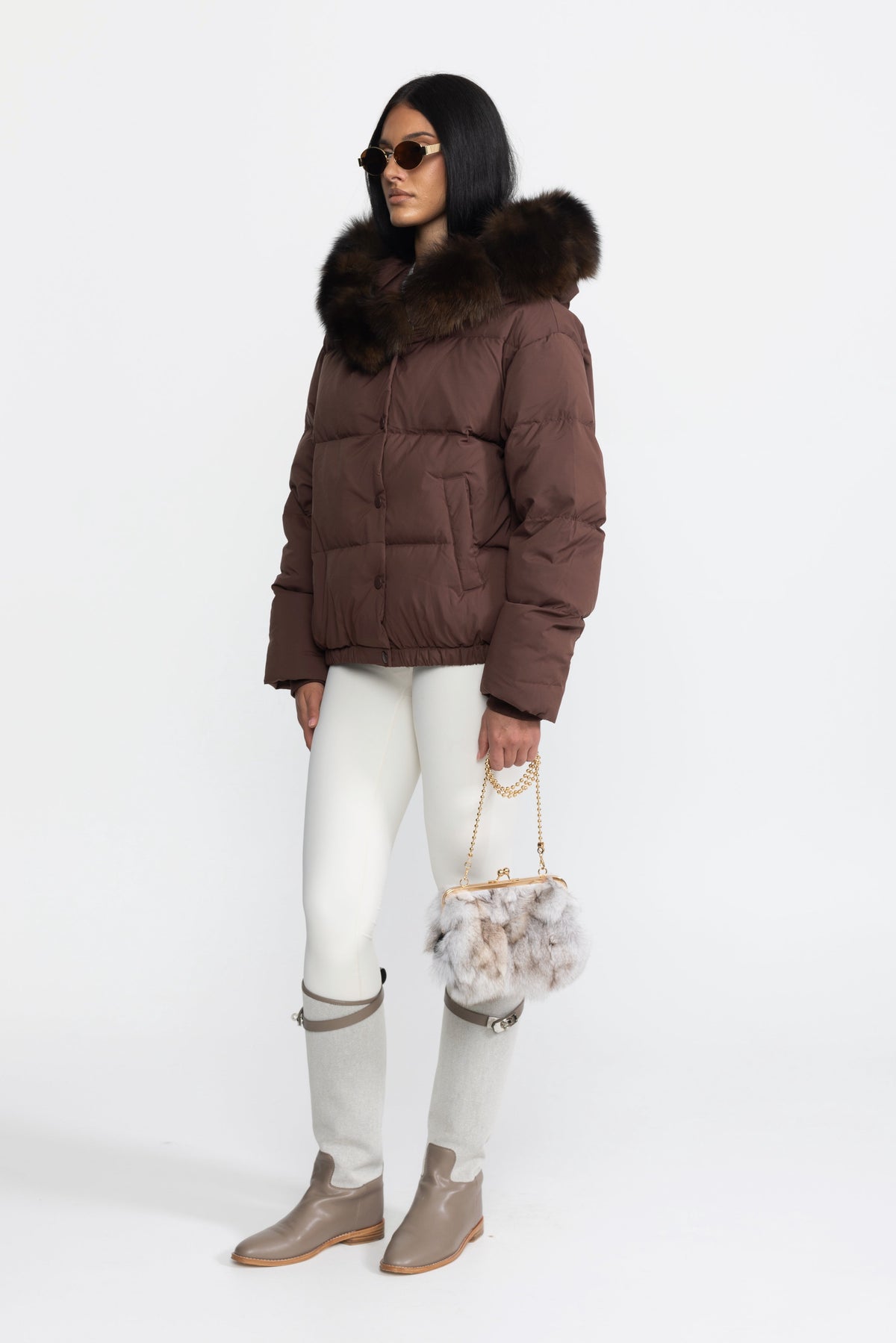 Eulalie Chocolate Fox Fur Hood Cropped Down Puffer Jacket