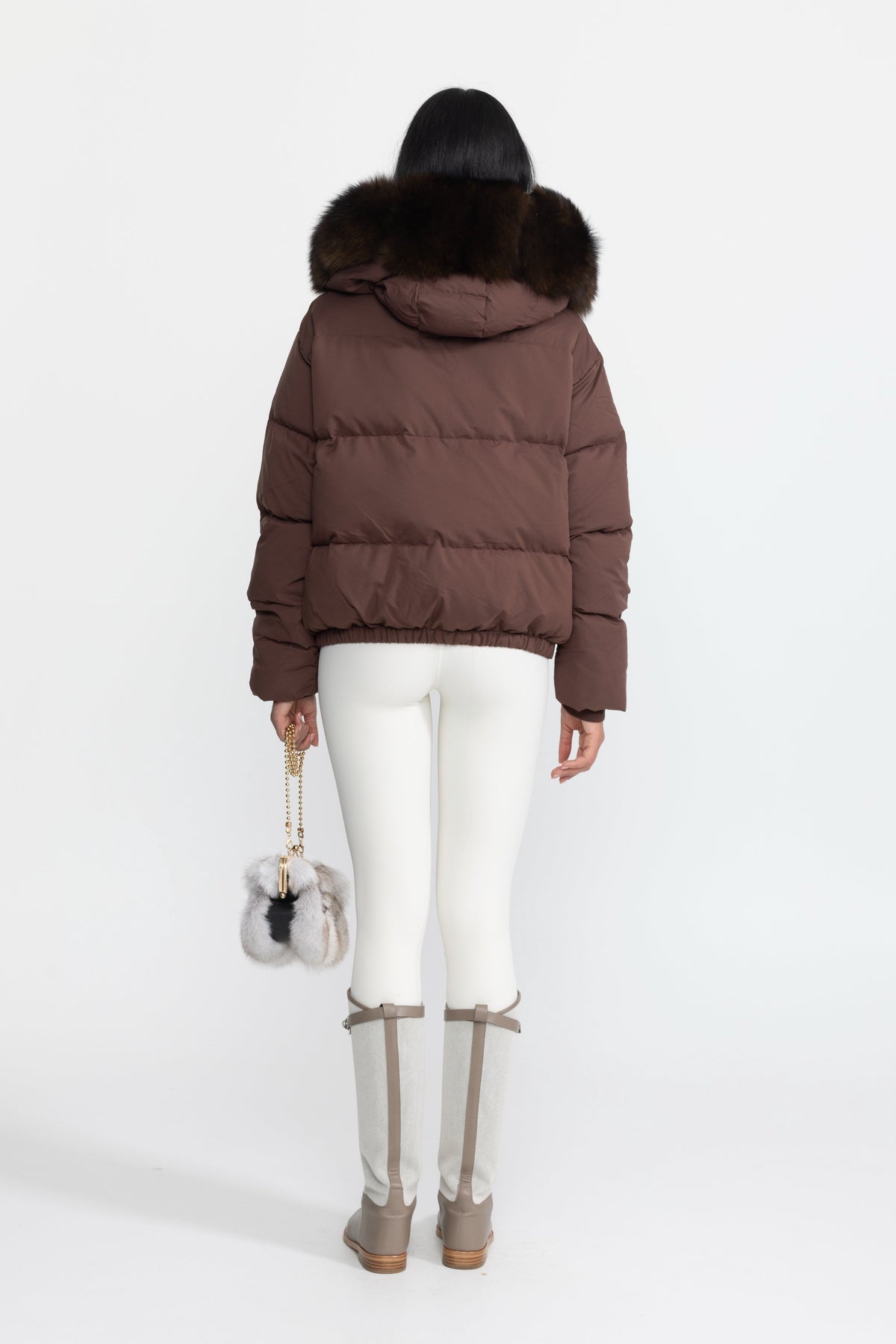 Eulalie Chocolate Fox Fur Hood Cropped Down Puffer Jacket