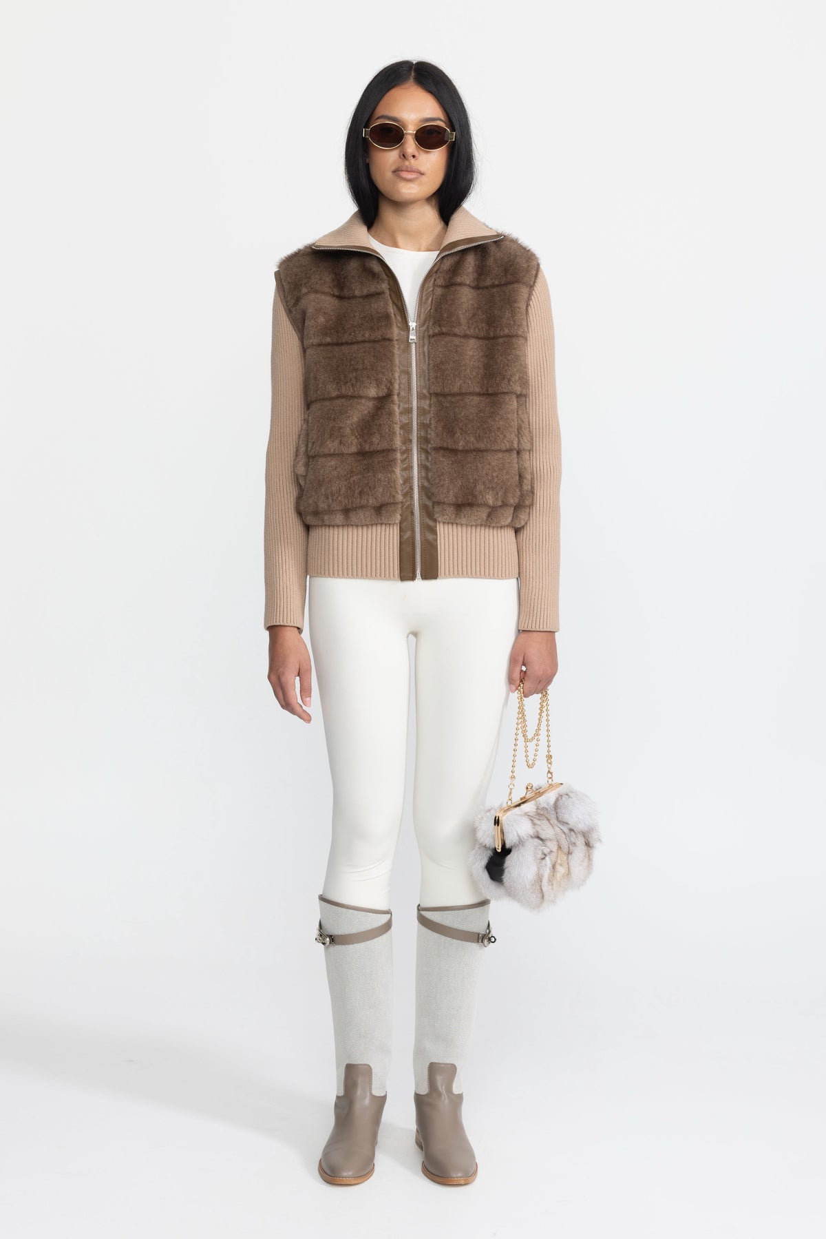 Calixte Mocha Plush Panel Knit Sleeve Zip Jacket
