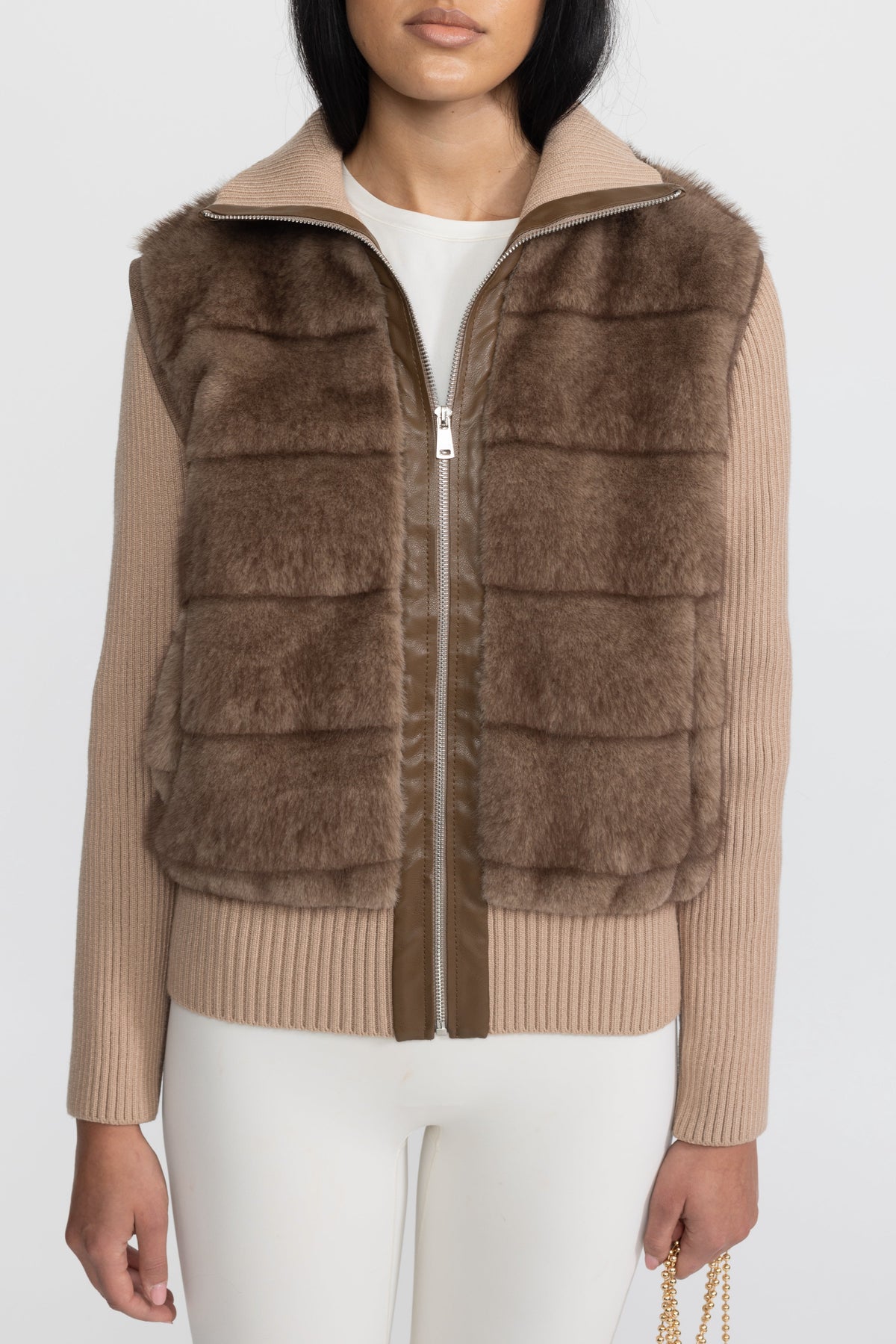 Calixte Mocha Plush Panel Knit Sleeve Zip Jacket