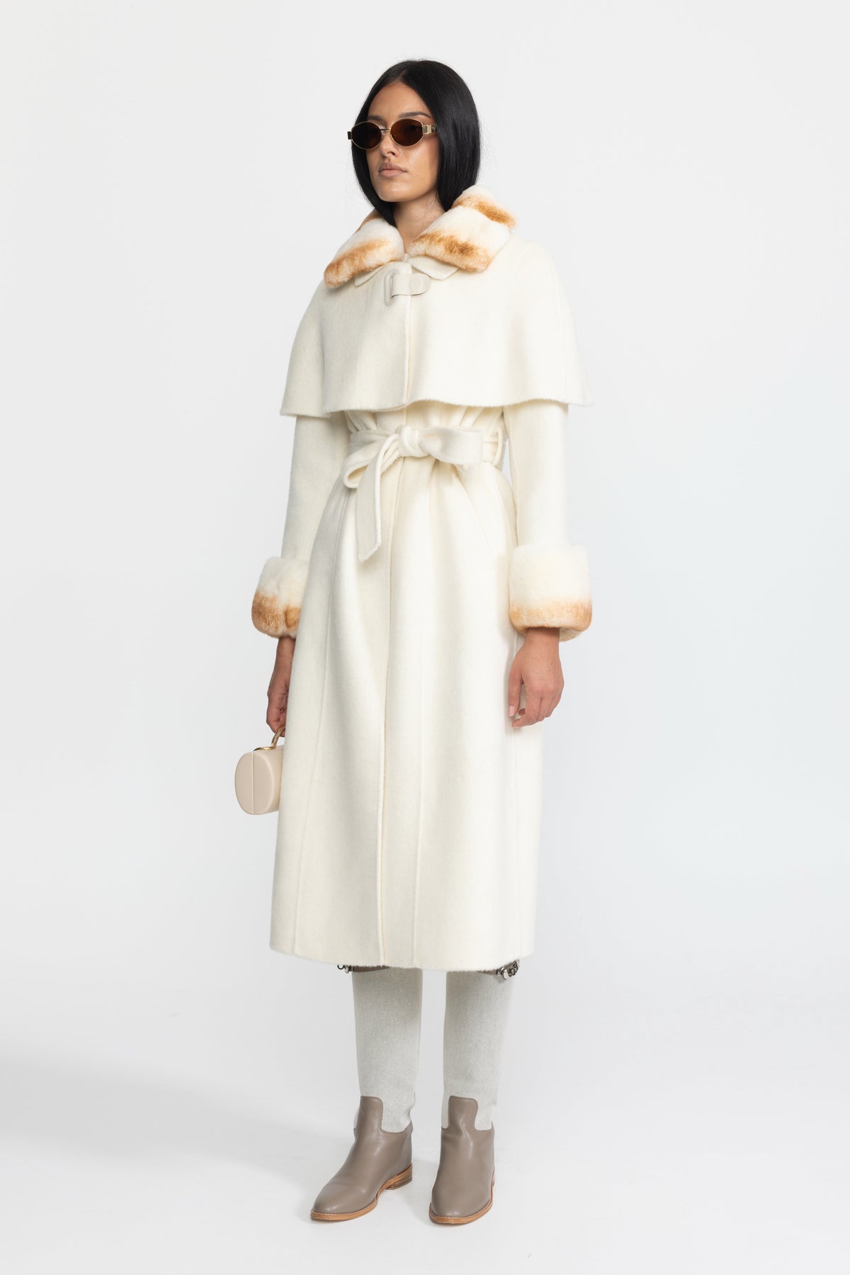 Brune Ivoire Rex Rabbit Fur Collar Capelet Wool Coat