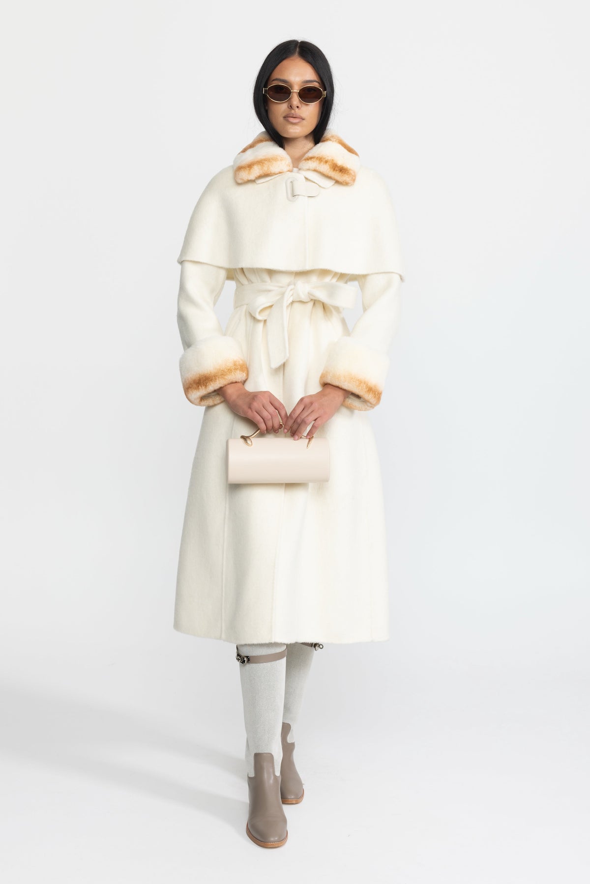 Brune Ivoire Rex Rabbit Fur Collar Capelet Wool Coat