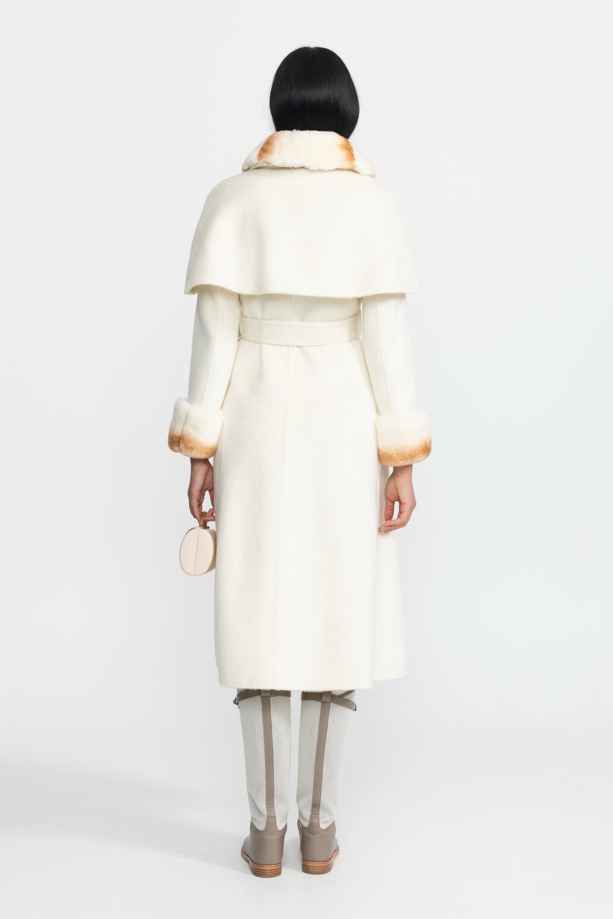 Brune Ivoire Rex Rabbit Fur Collar Capelet Wool Coat