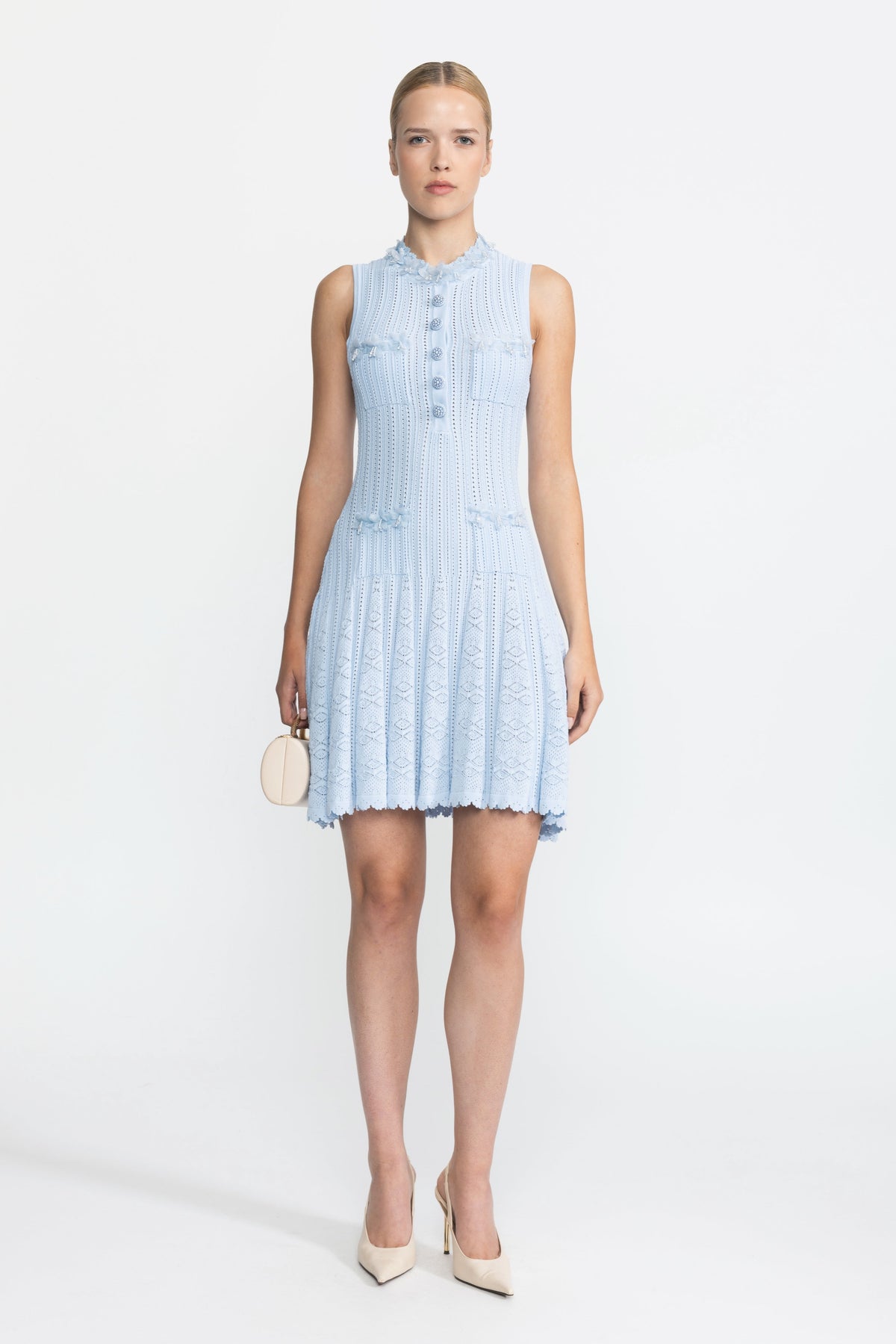 Flavie Light Blue Organza Flower Trim Pointelle Knit Mini Dress