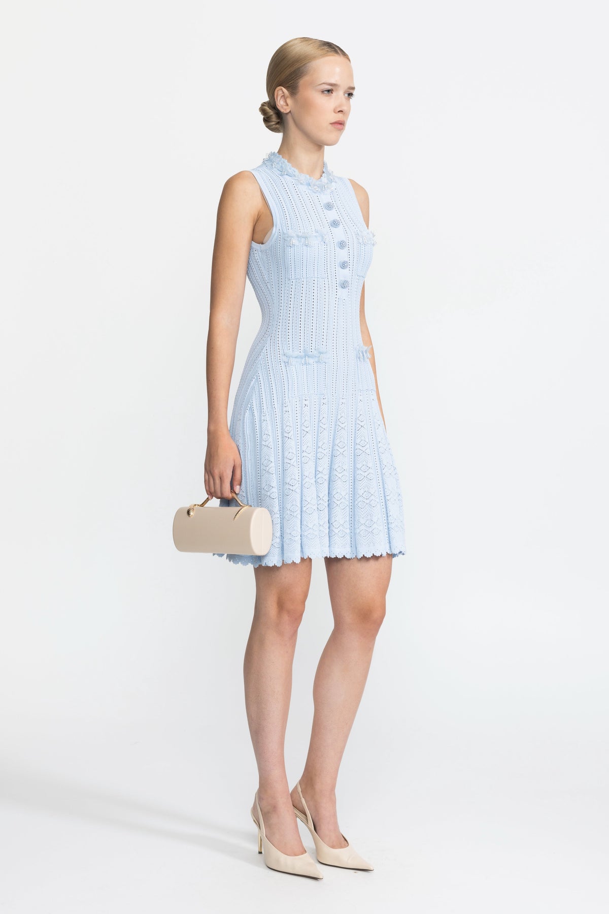 Flavie Light Blue Organza Flower Trim Pointelle Knit Mini Dress