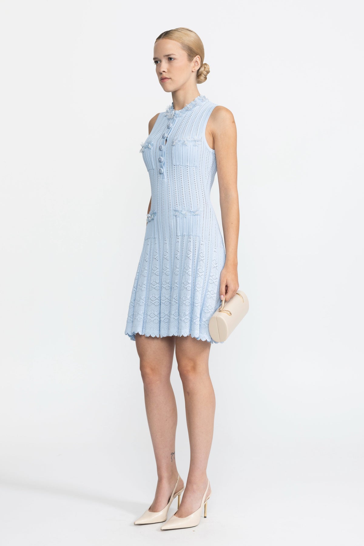 Flavie Light Blue Organza Flower Trim Pointelle Knit Mini Dress