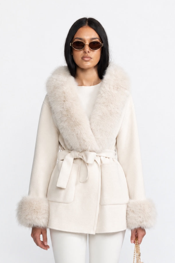 Dorothée Ivoire Hooded Belted Cashmere-Blend Coat with Fur Trim