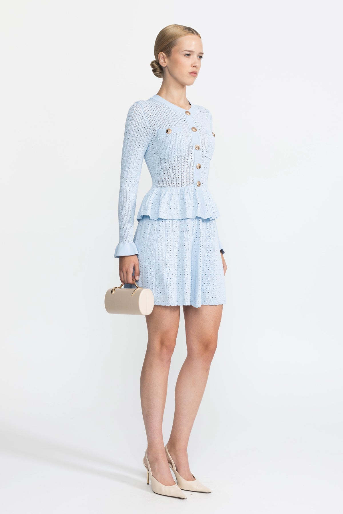 Henriette Light Blue Pointelle Knit Peplum Mini Dress with Gold Buttons