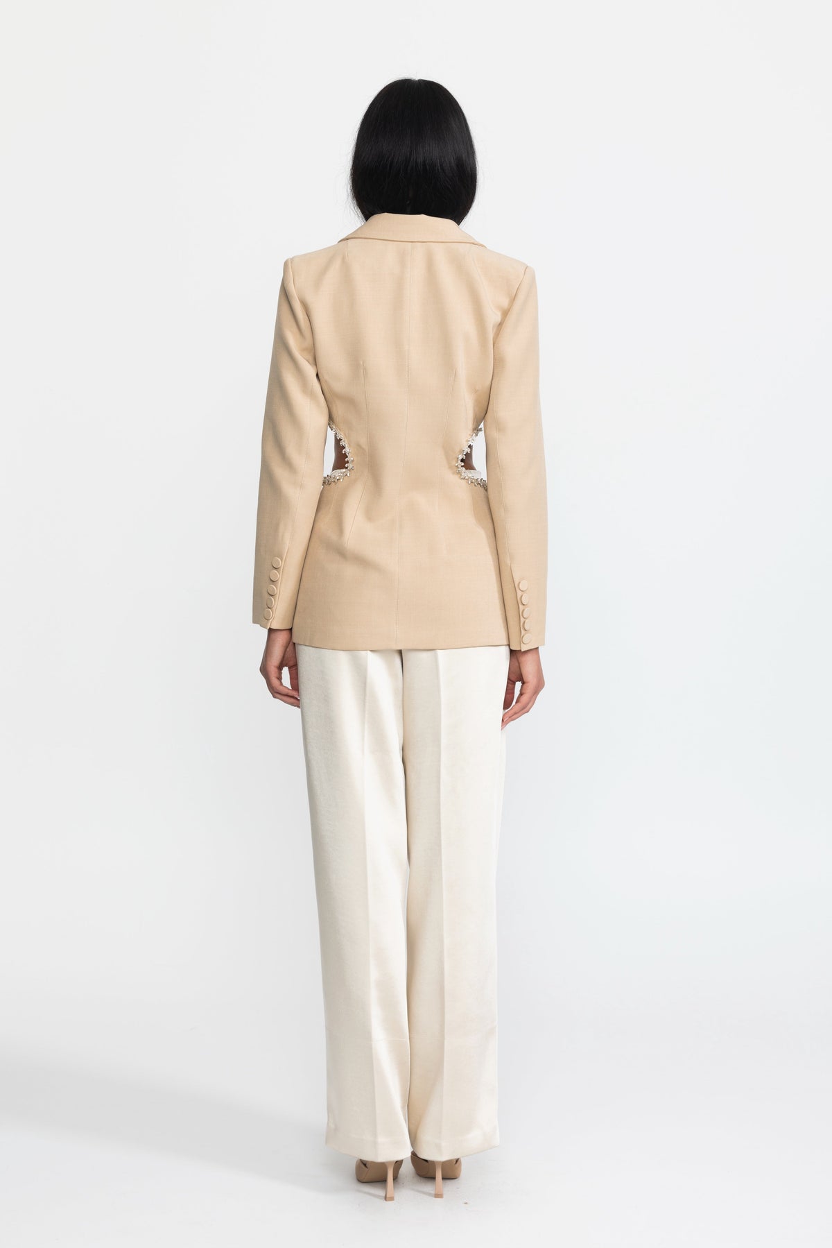 Laetitia Beige Crystal Trim Cutout Waist Tailored Blazer