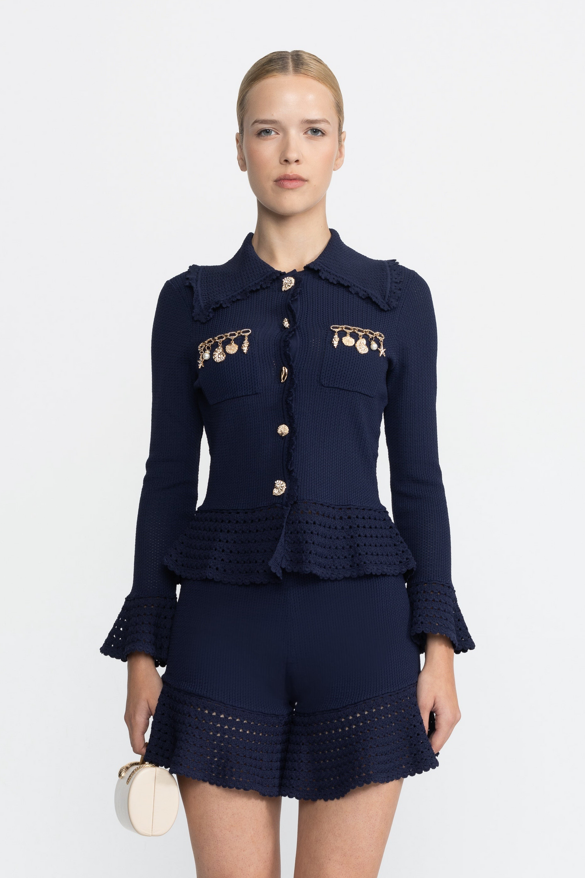 Iris Navy Charm Embellished Knit Peplum Cardigan and Ruffle Shorts Co-ord Set