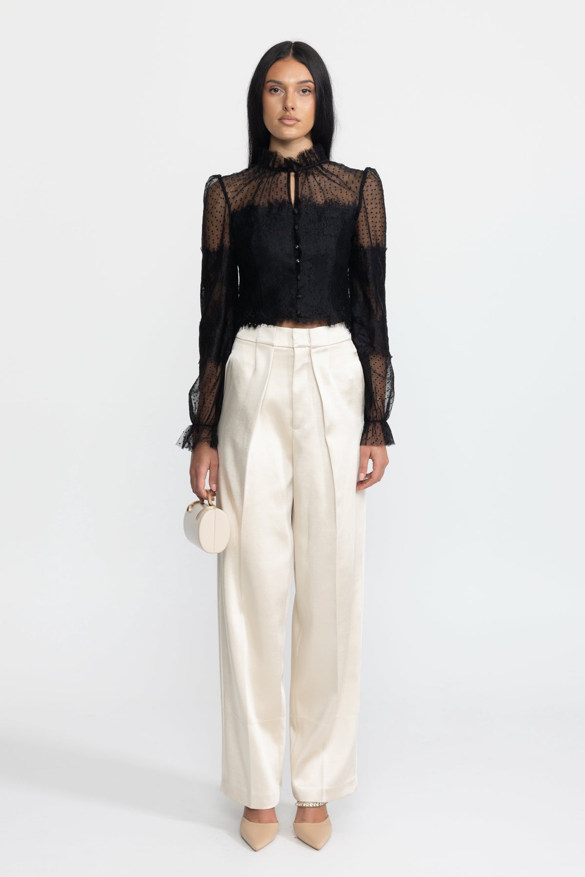 Lydie Black Ruffle Neck Lace and Dot Mesh Cropped Blouse