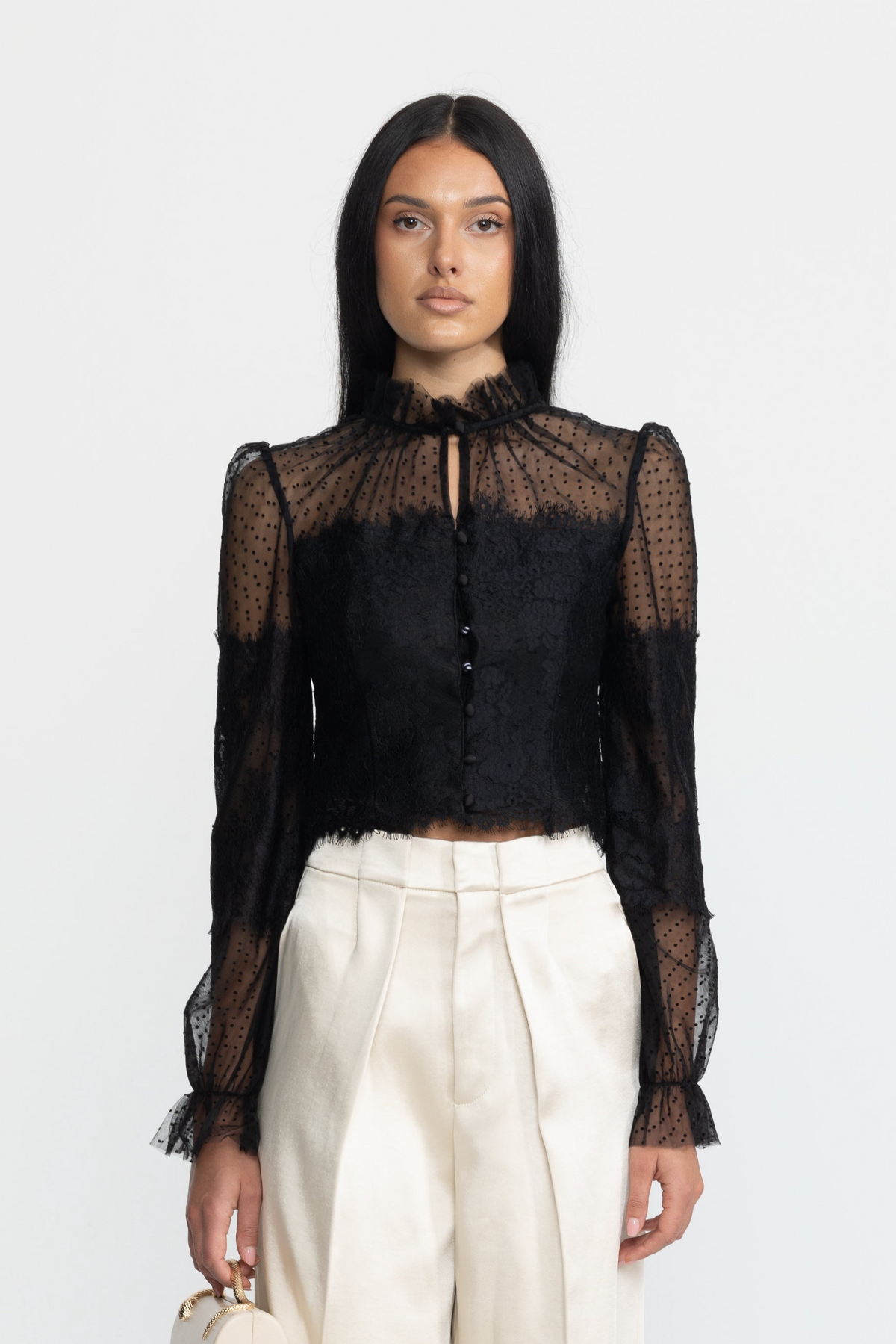 Lydie Black Ruffle Neck Lace and Dot Mesh Cropped Blouse