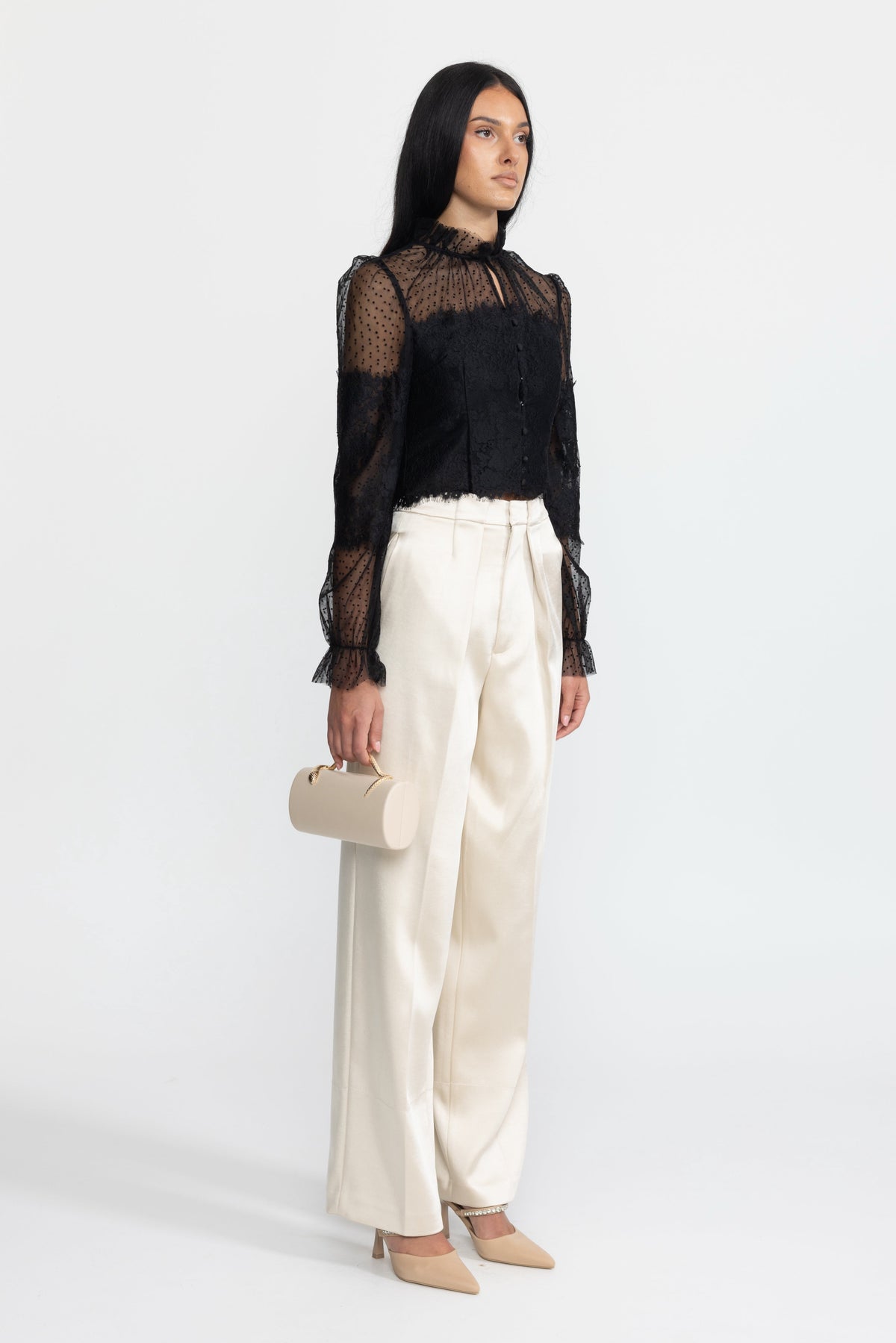 Lydie Black Ruffle Neck Lace and Dot Mesh Cropped Blouse