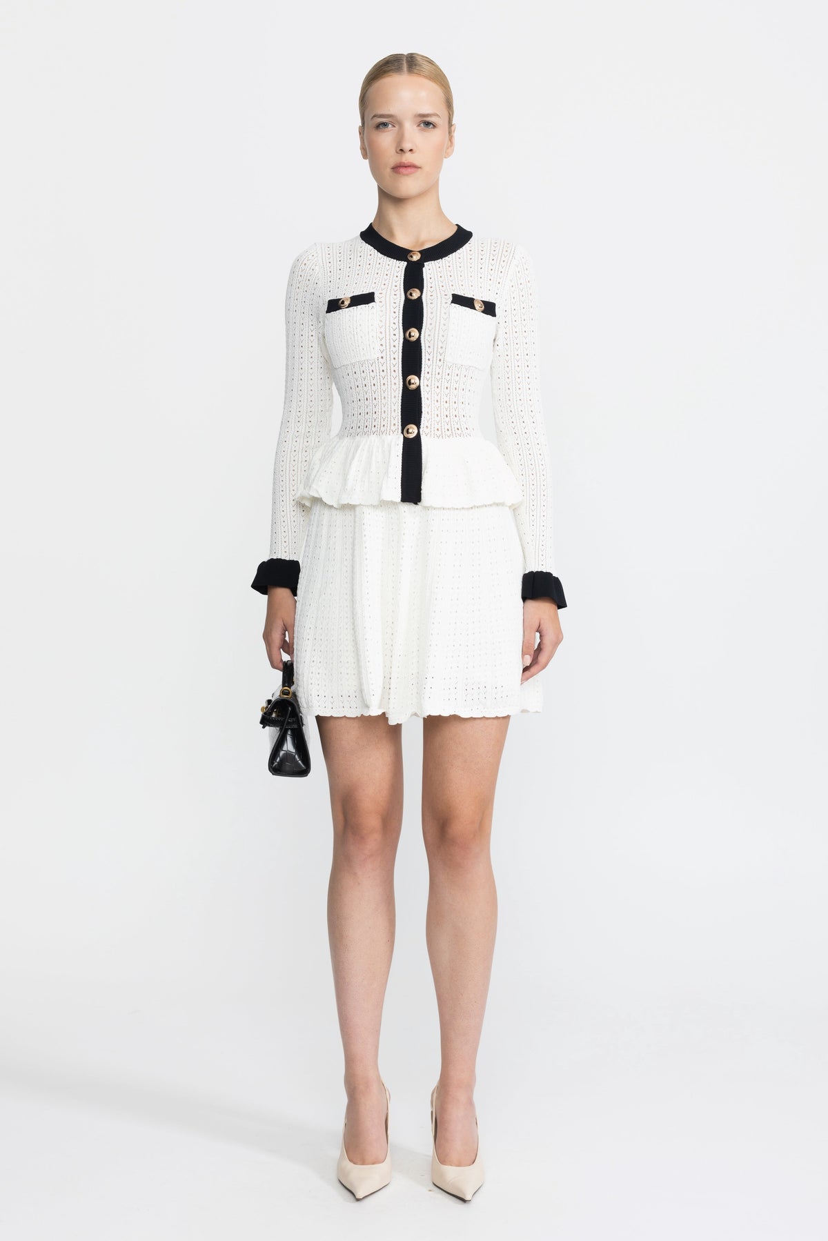 Henriette White Pointelle Knit Peplum Mini Dress with Gold Buttons