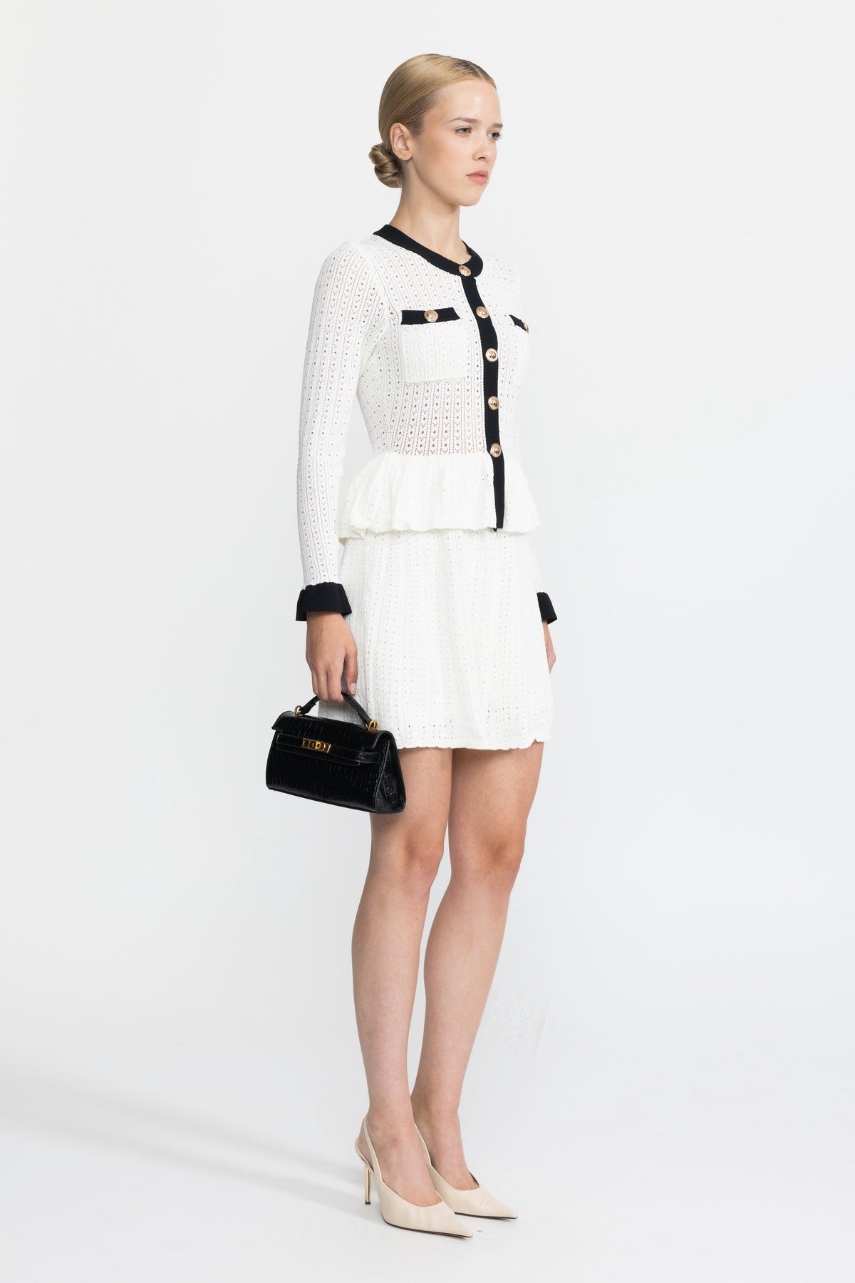 Henriette White Pointelle Knit Peplum Mini Dress with Gold Buttons
