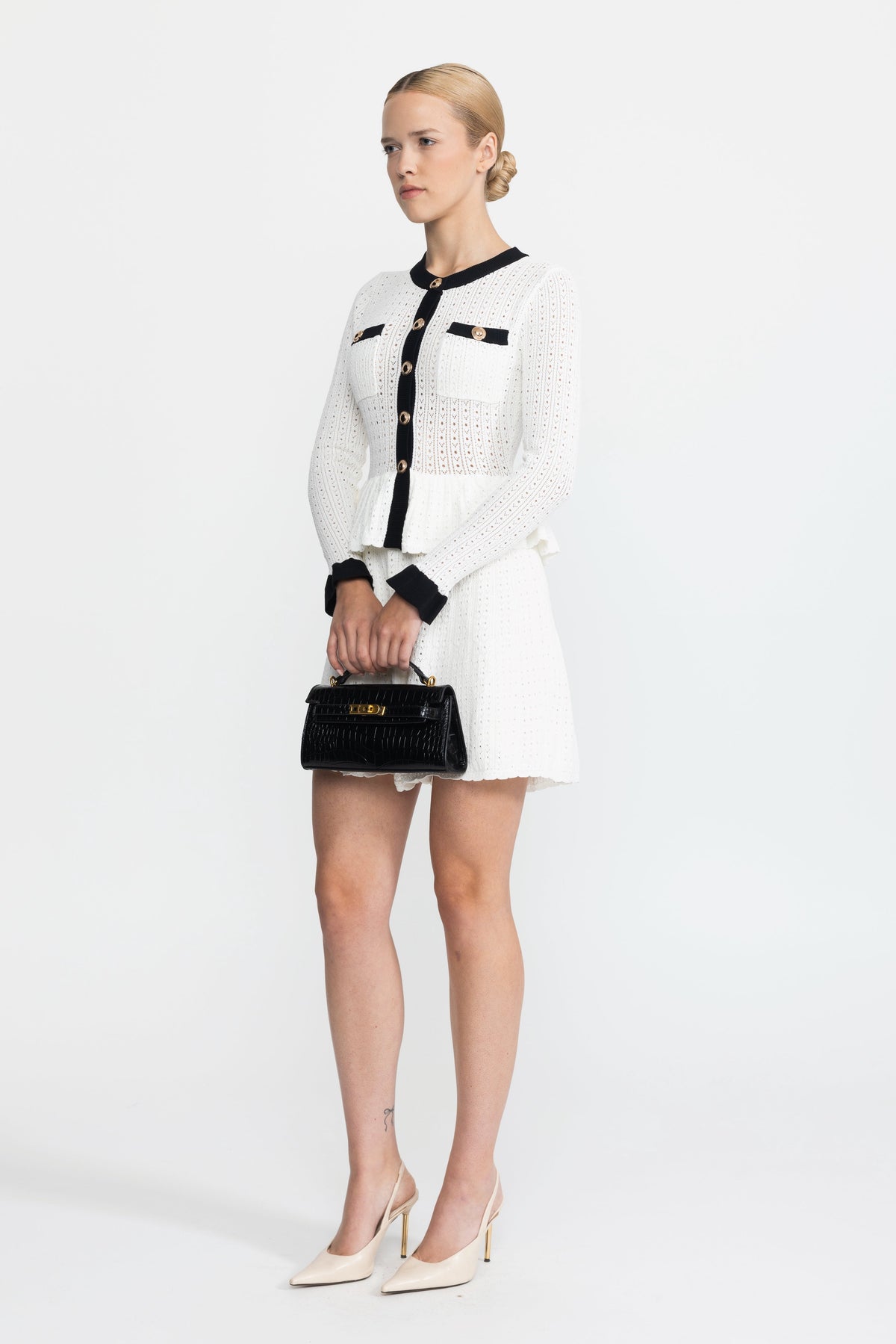 Henriette White Pointelle Knit Peplum Mini Dress with Gold Buttons