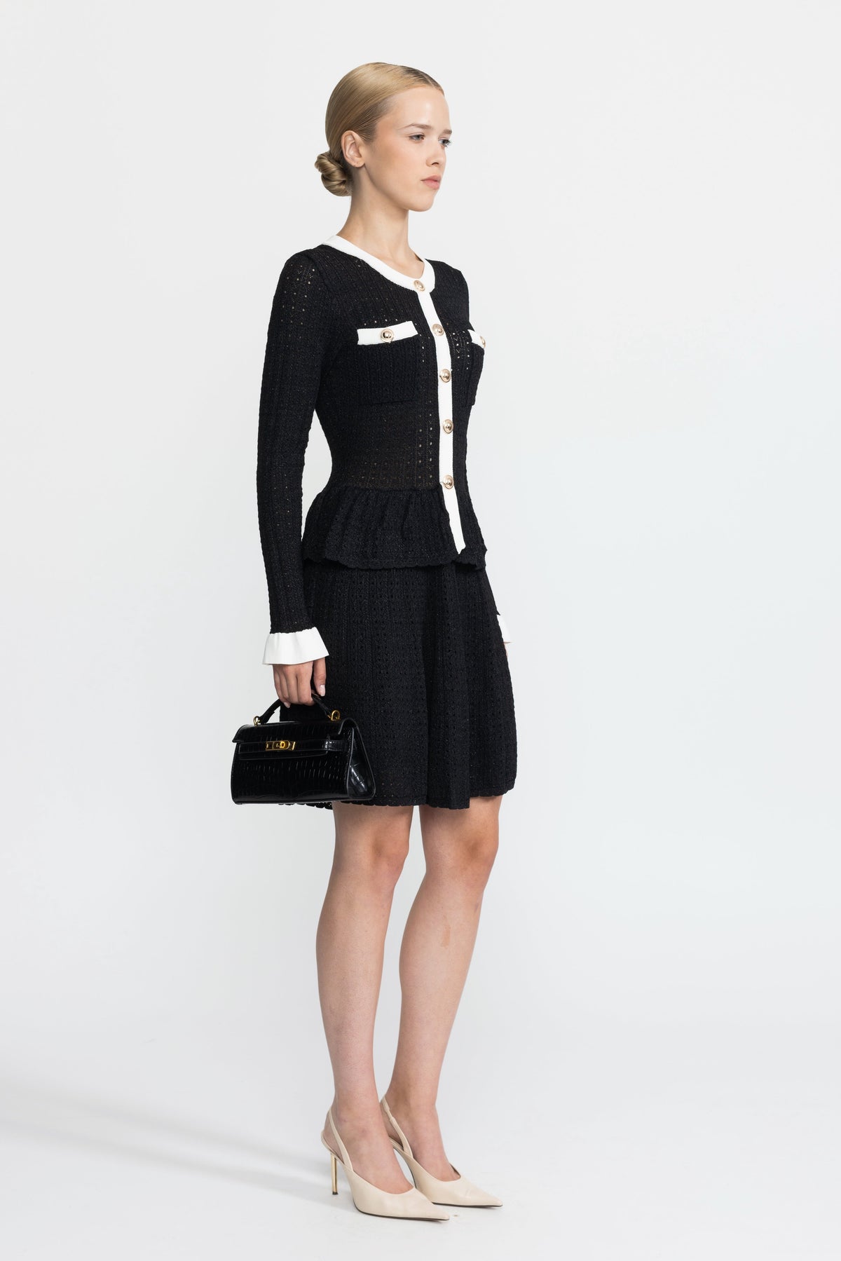 Henriette Black Pointelle Knit Peplum Mini Dress with Gold Buttons