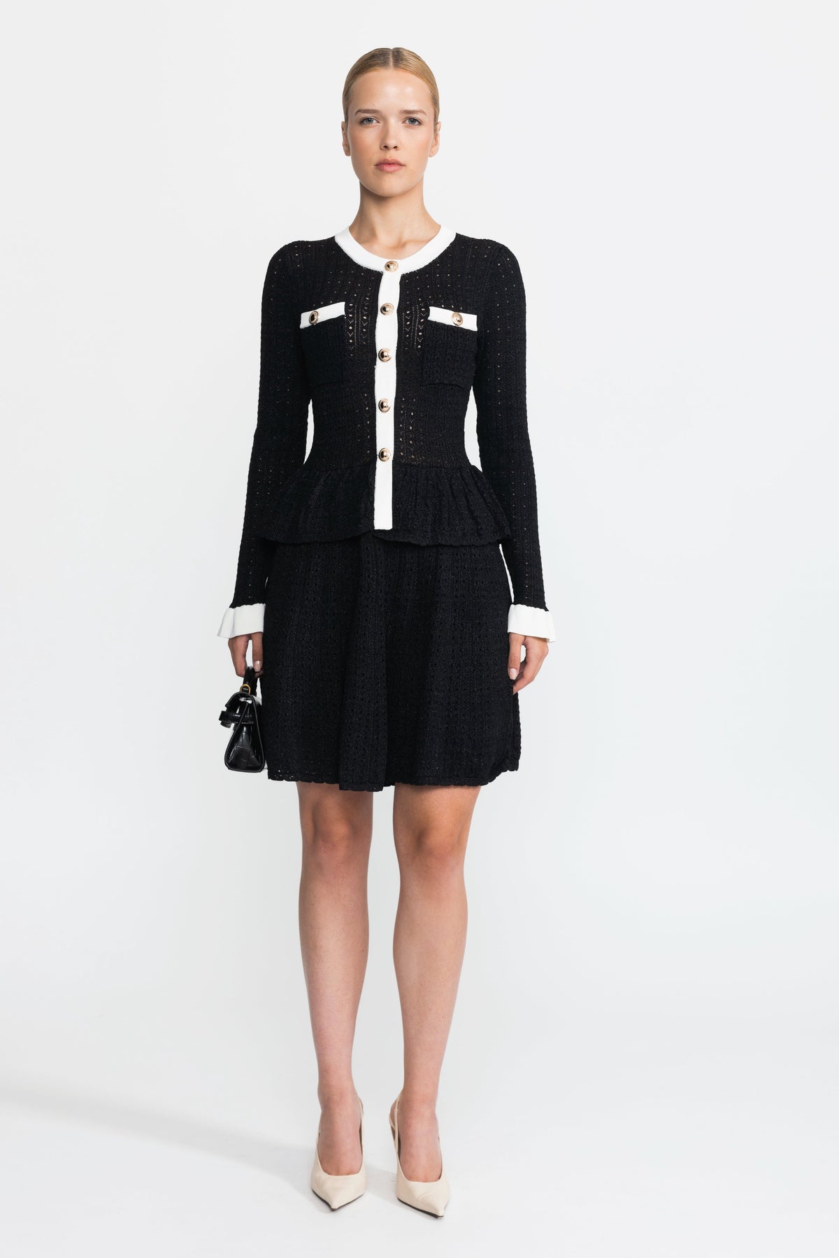 Henriette Black Pointelle Knit Peplum Mini Dress with Gold Buttons