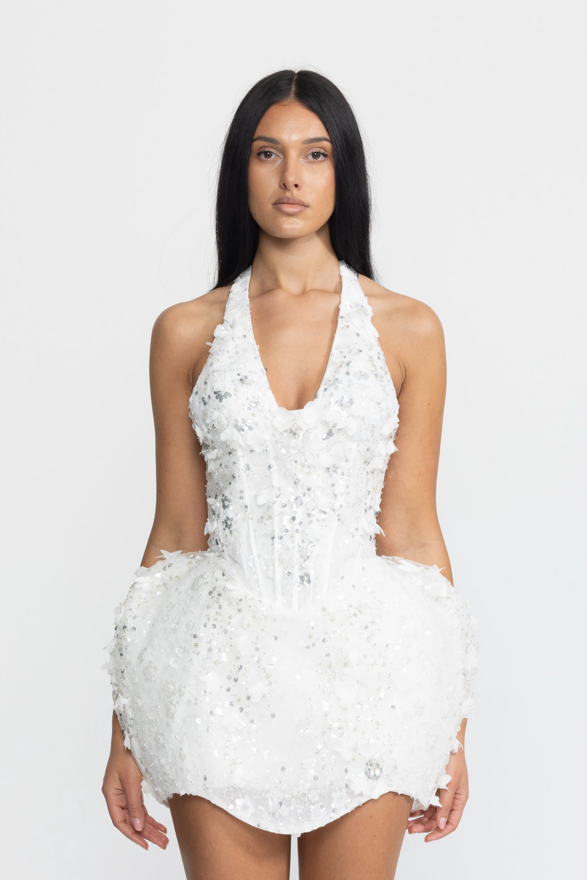 Lucrèce White Sequin Flower Halter Corset Bubble Mini Dress