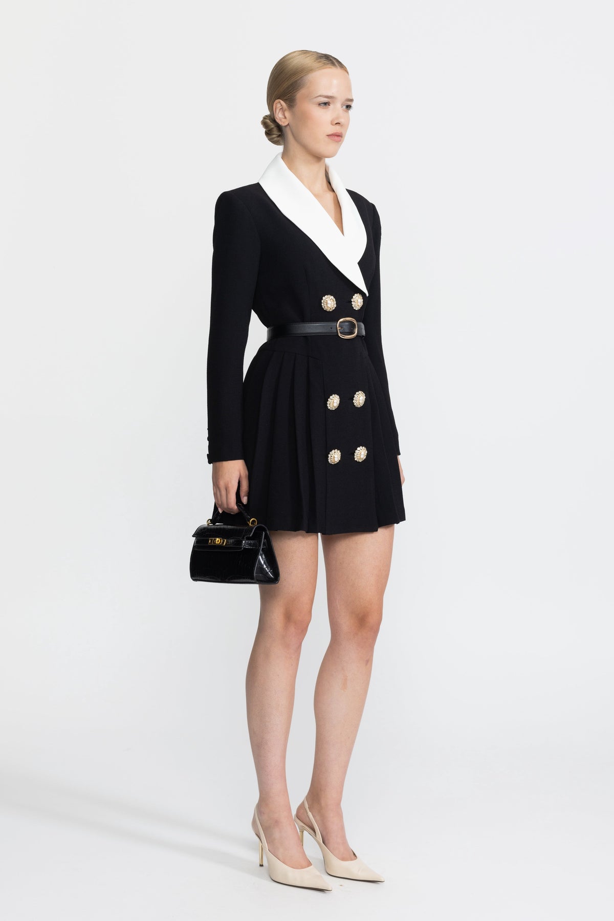 Maylis Black Contrast Lapel Belted Pleated Blazer Mini Dress