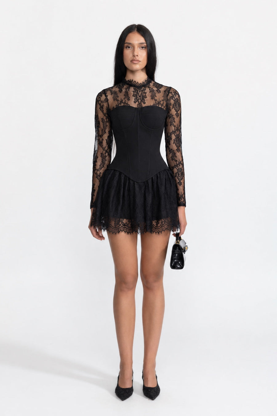 Elodie Black Lace Yoke Corset Mini Dress With Lace Ruffle Skirt