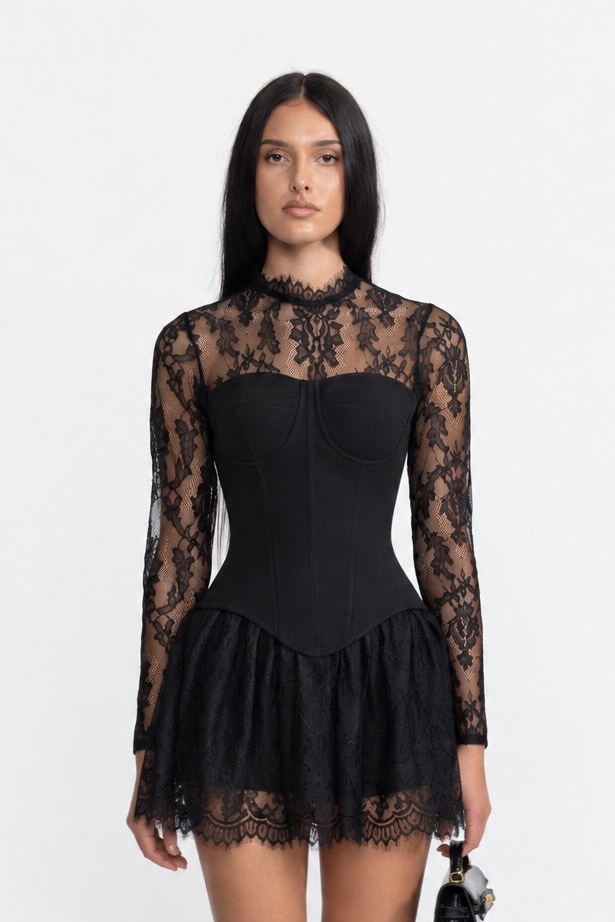 Elodie Black Lace Yoke Corset Mini Dress With Lace Ruffle Skirt