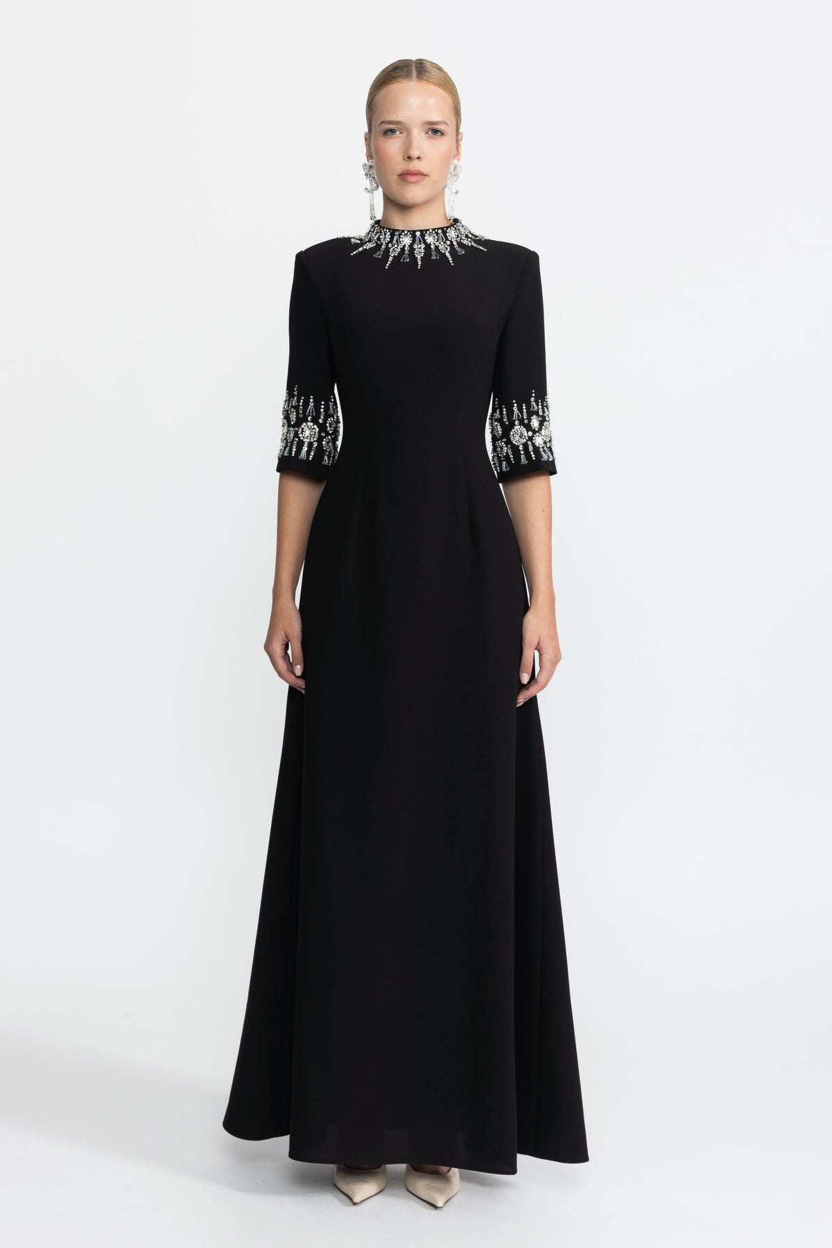 Félicie Black Crystal Embellished Collar and Cuff Maxi Dress