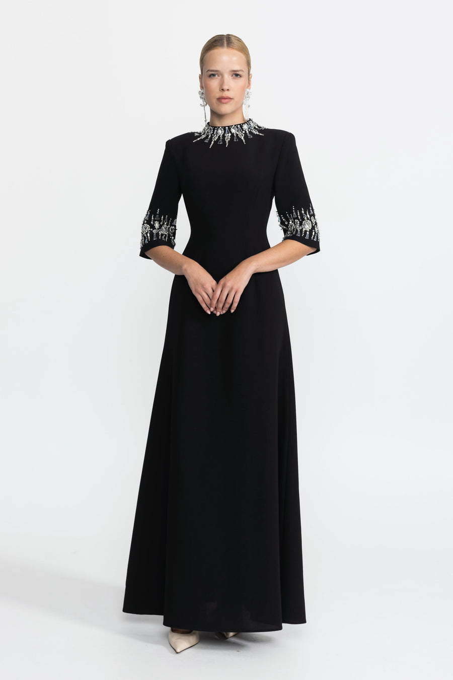 Félicie Black Crystal Embellished Collar and Cuff Maxi Dress