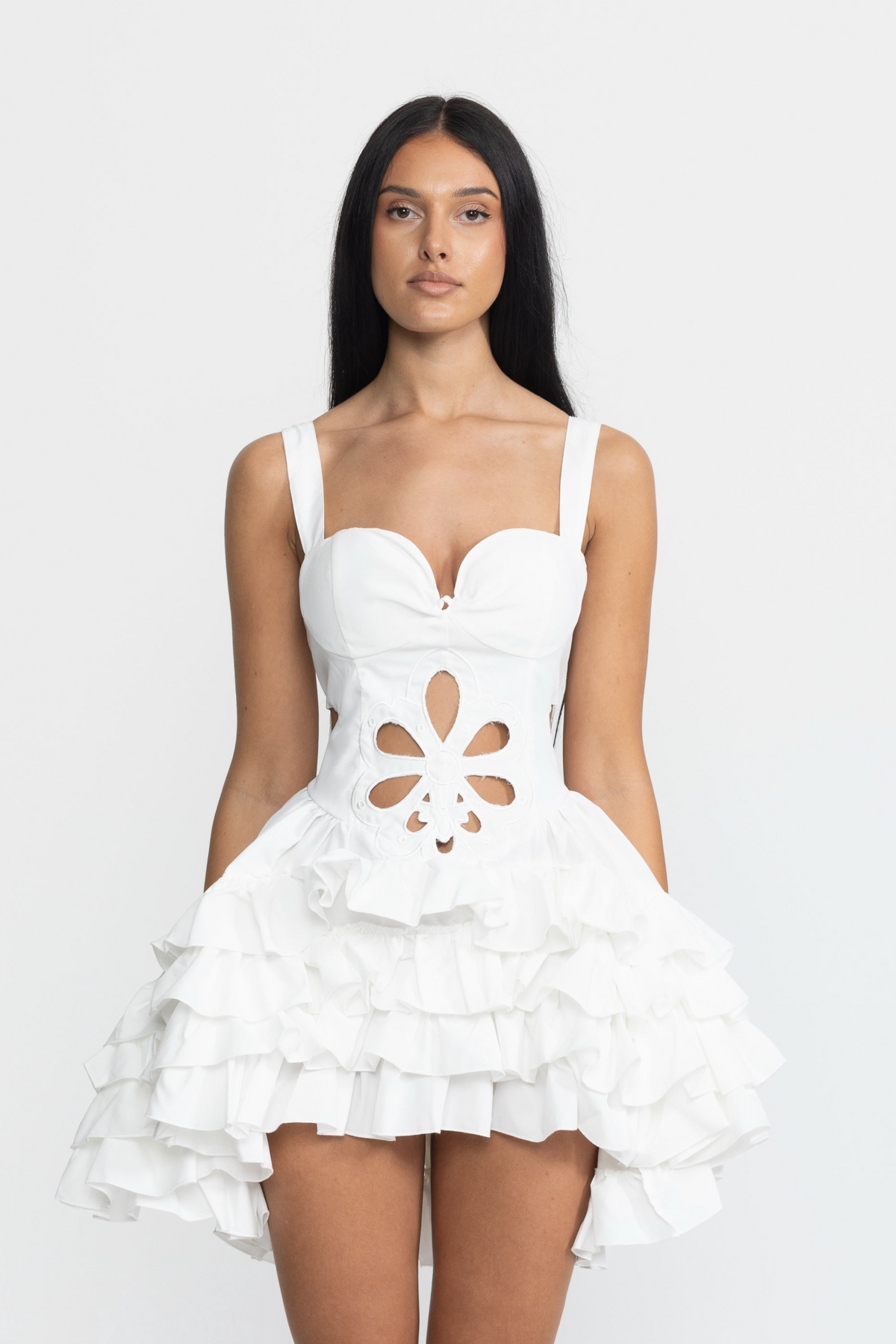 Celestine White Embroidered Flower Cutout Ruffle Mini Dress