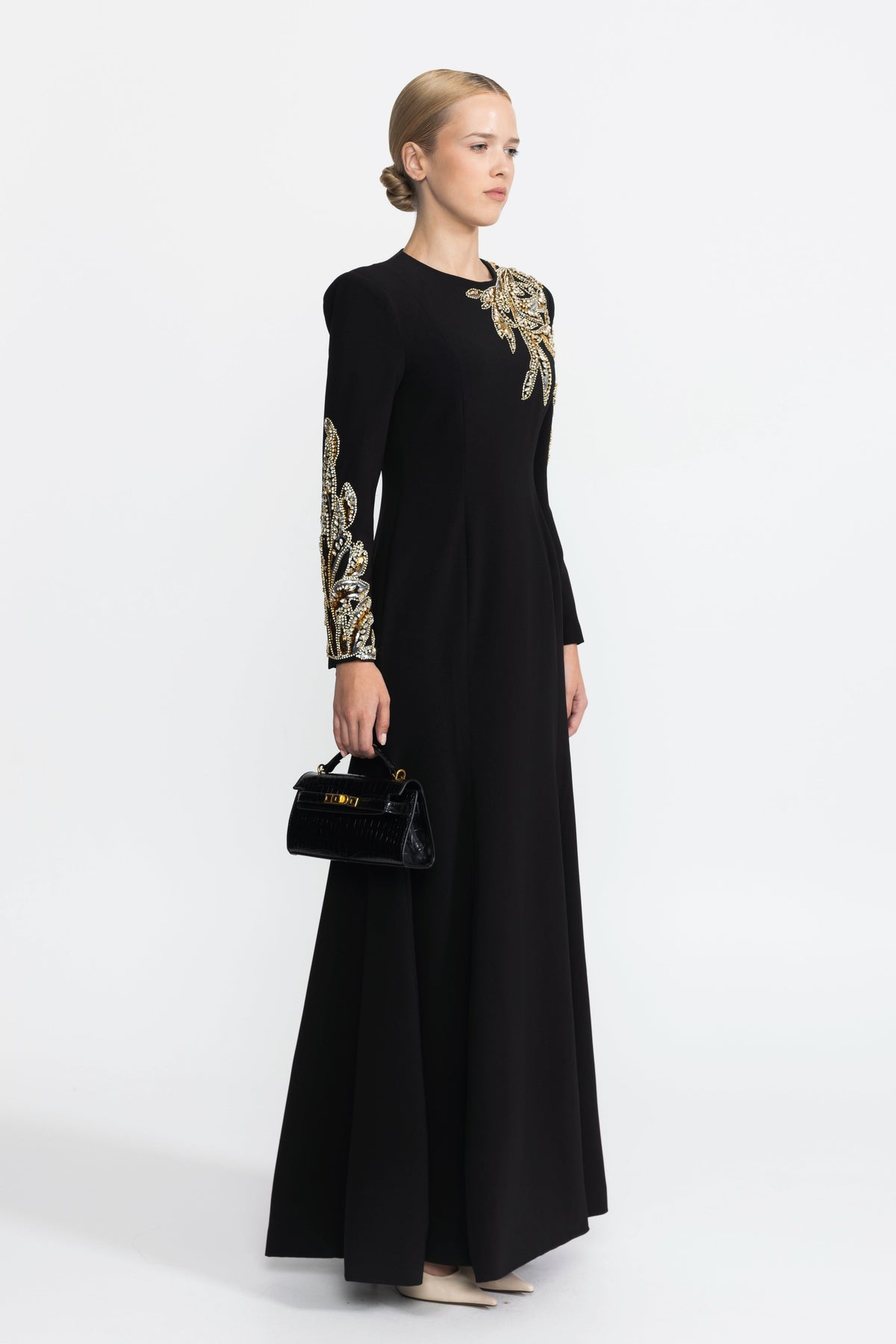 Margaux Black Crystal Leaf Embellished Long Sleeve Maxi Dress