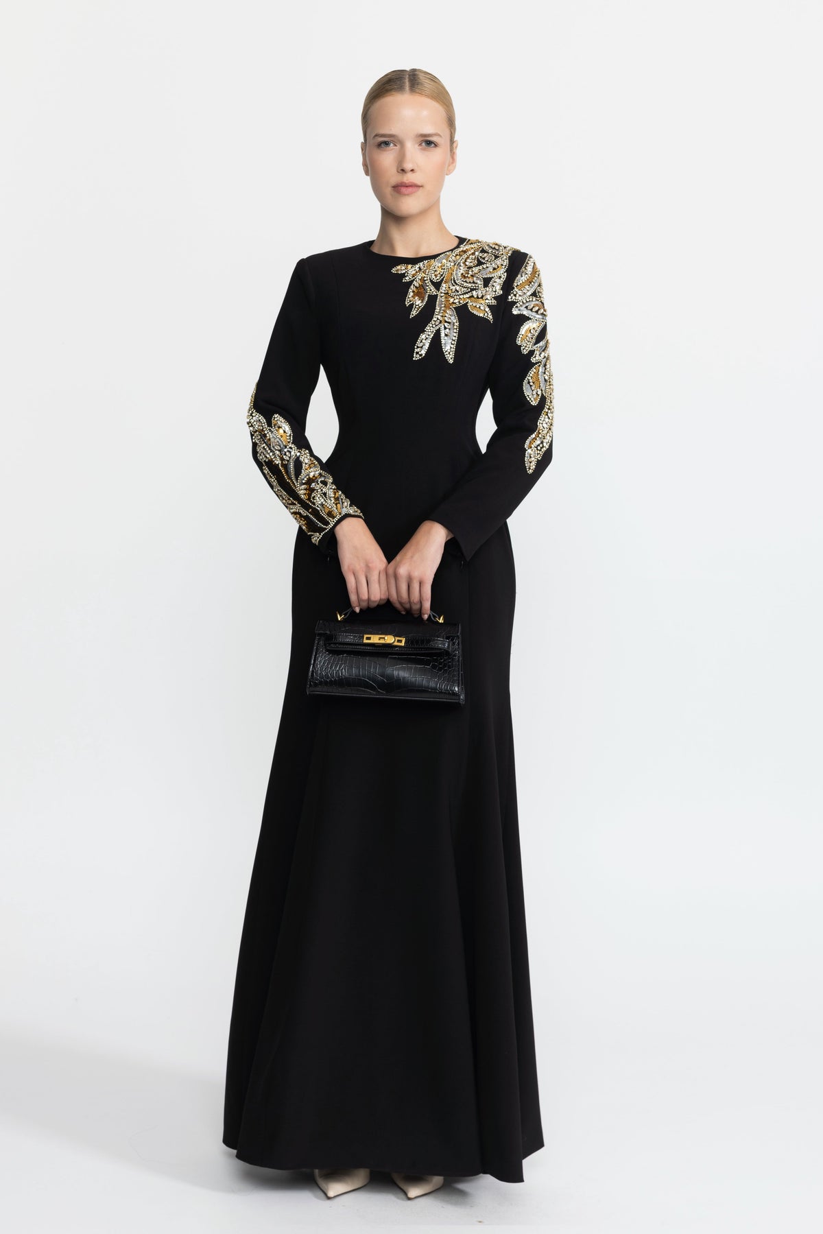 Margaux Black Crystal Leaf Embellished Long Sleeve Maxi Dress