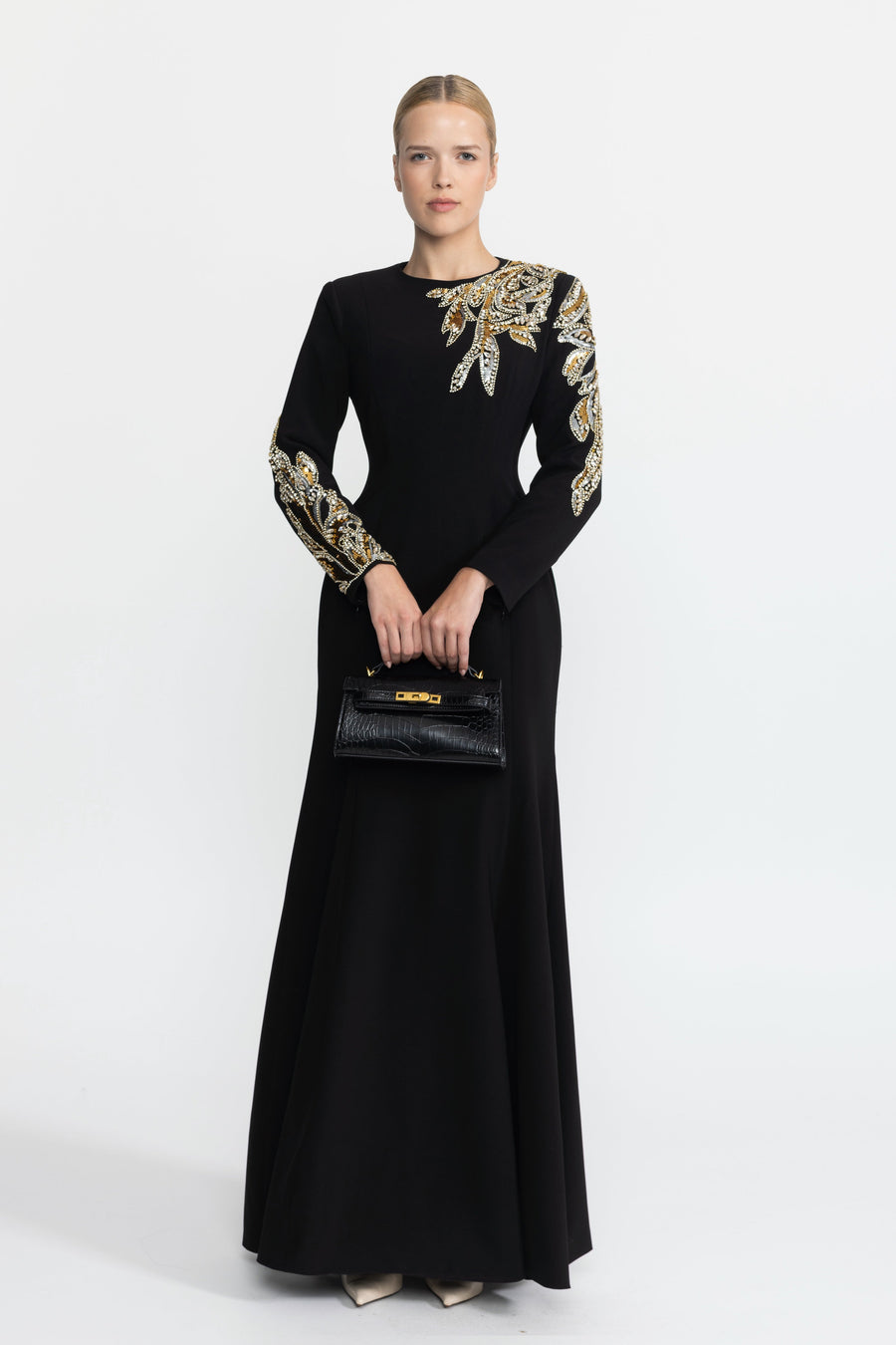 Margaux Black Crystal Leaf Embellished Long Sleeve Maxi Dress