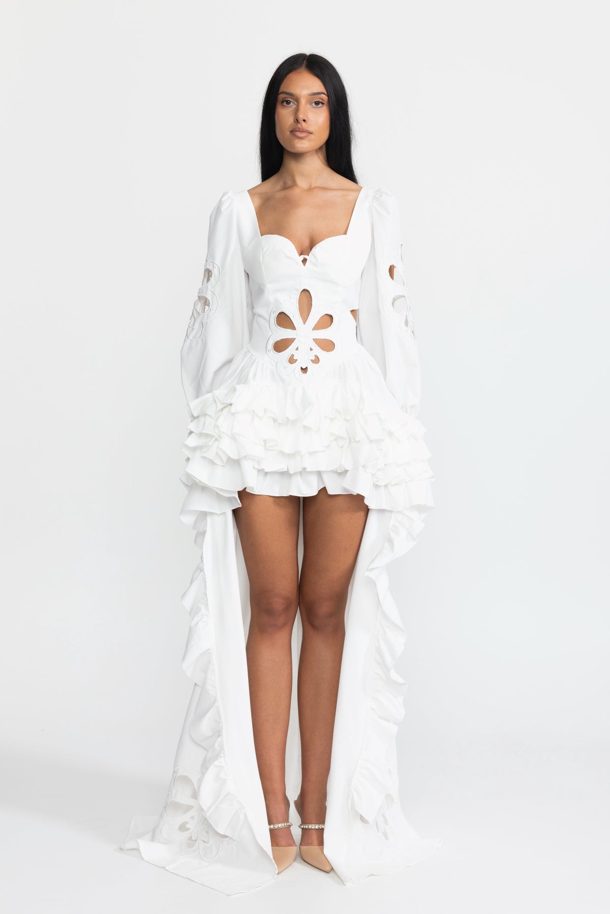 Aurelie White Embroidered Cutout Puff Sleeve High-Low Ruffle Gown