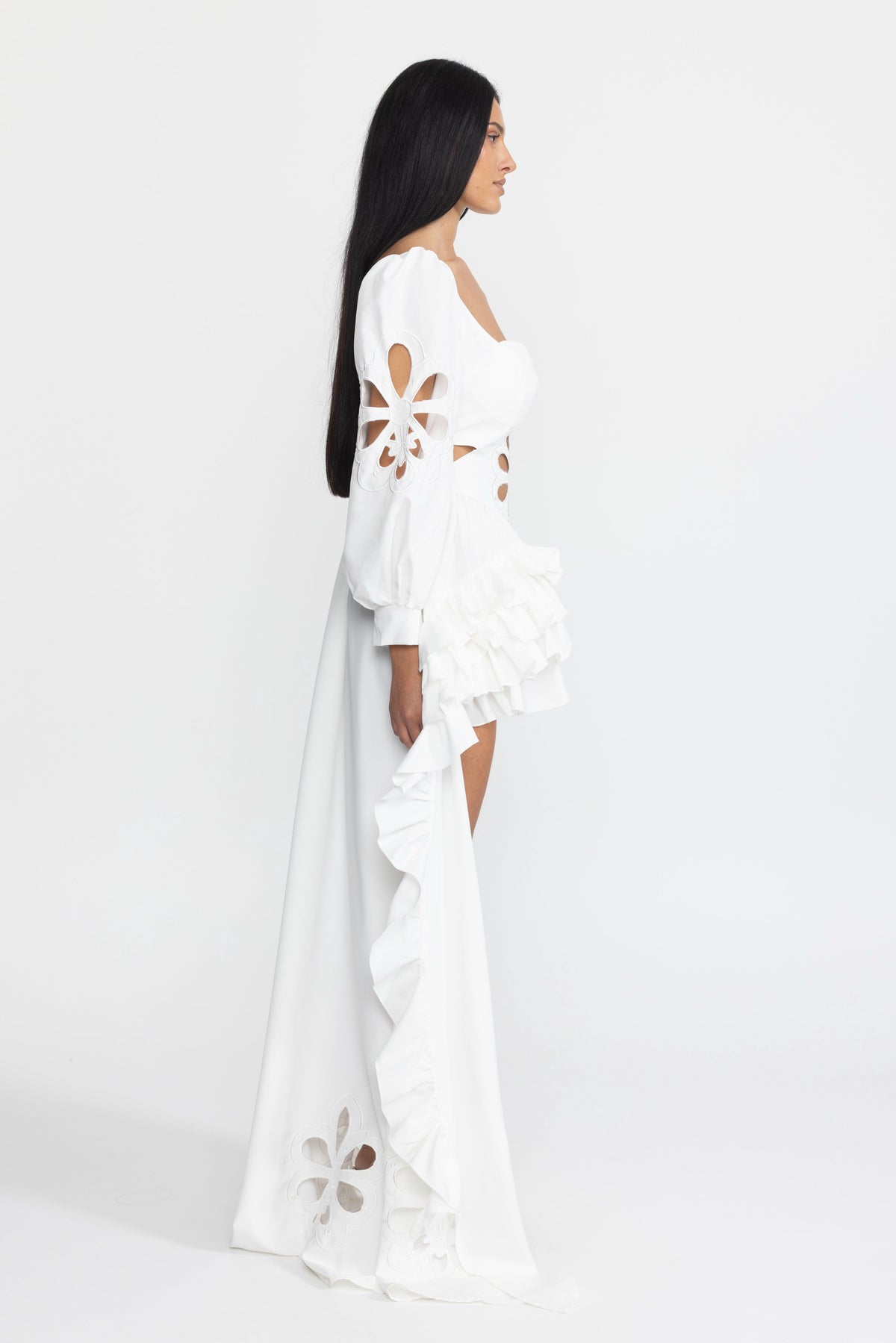 Aurelie White Embroidered Cutout Puff Sleeve High-Low Ruffle Gown